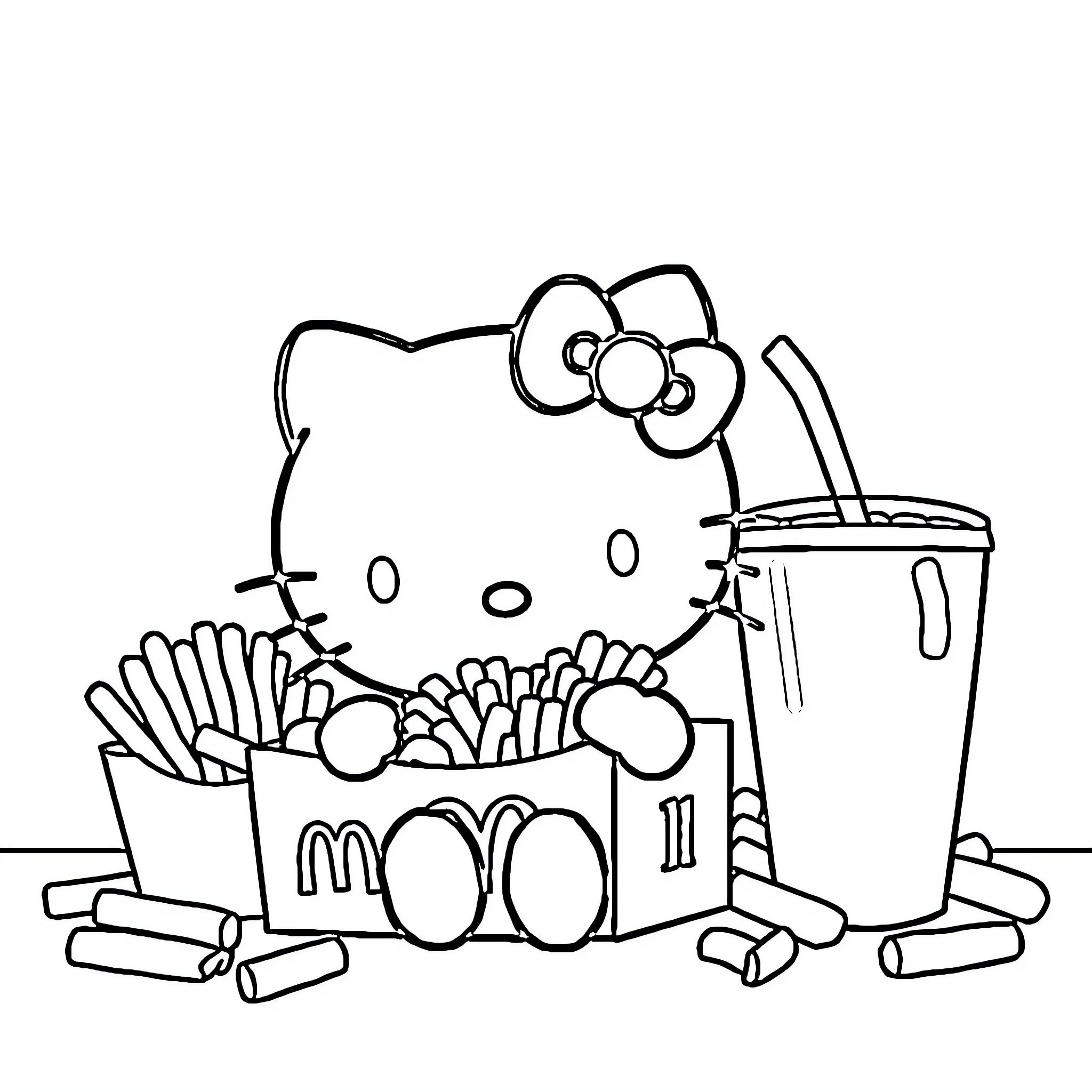 Hello Kitty enjoys a fast food feast Coloring Page (free black-and-white line drawing printable PDF for all, from beginners to advanced learners, including children, teens, adults, and seniors)
