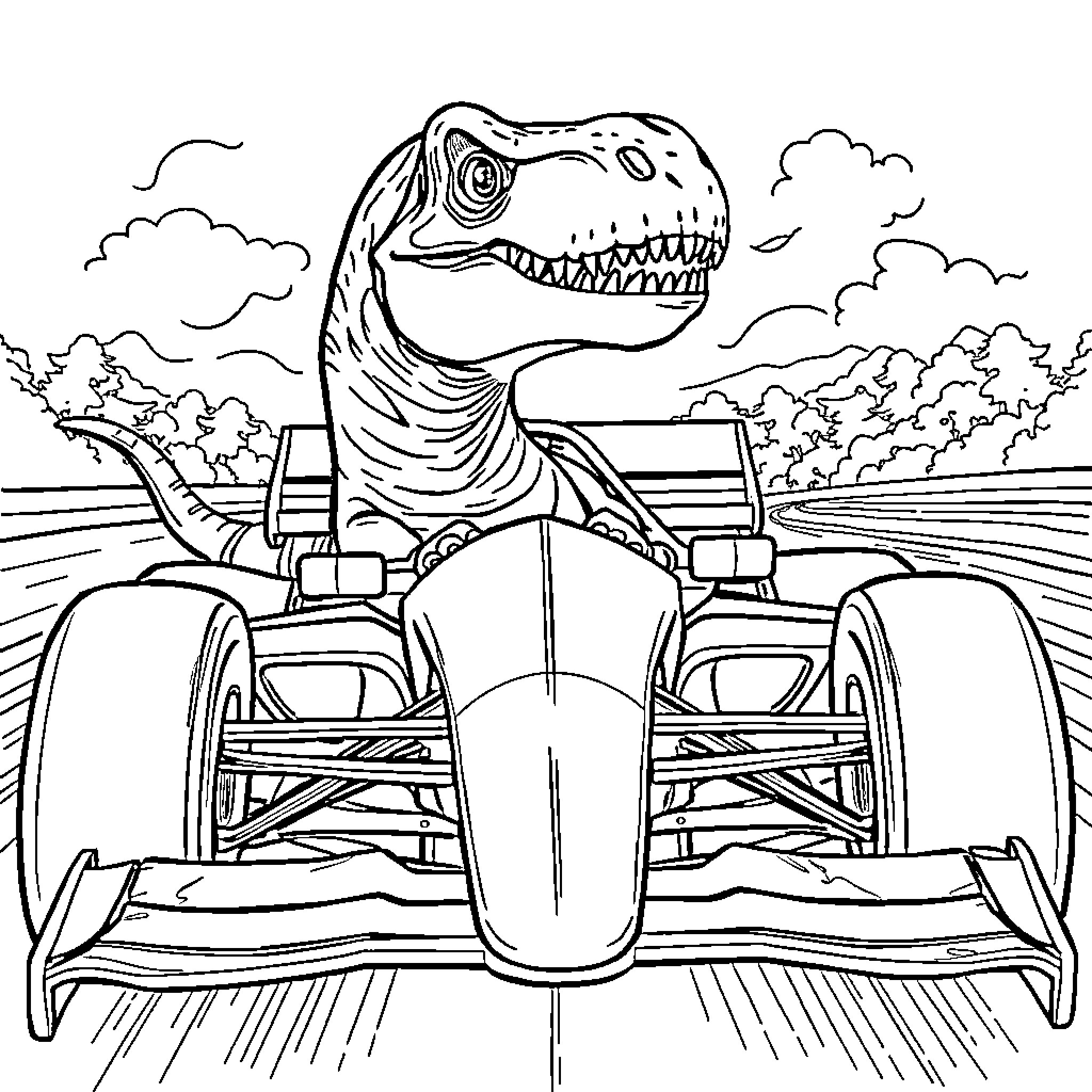 Carnotaurus racing on a Formula race car Coloring Page (free black-and-white line drawing printable PDF for all, from beginners to advanced learners, including children, teens, adults, and seniors)