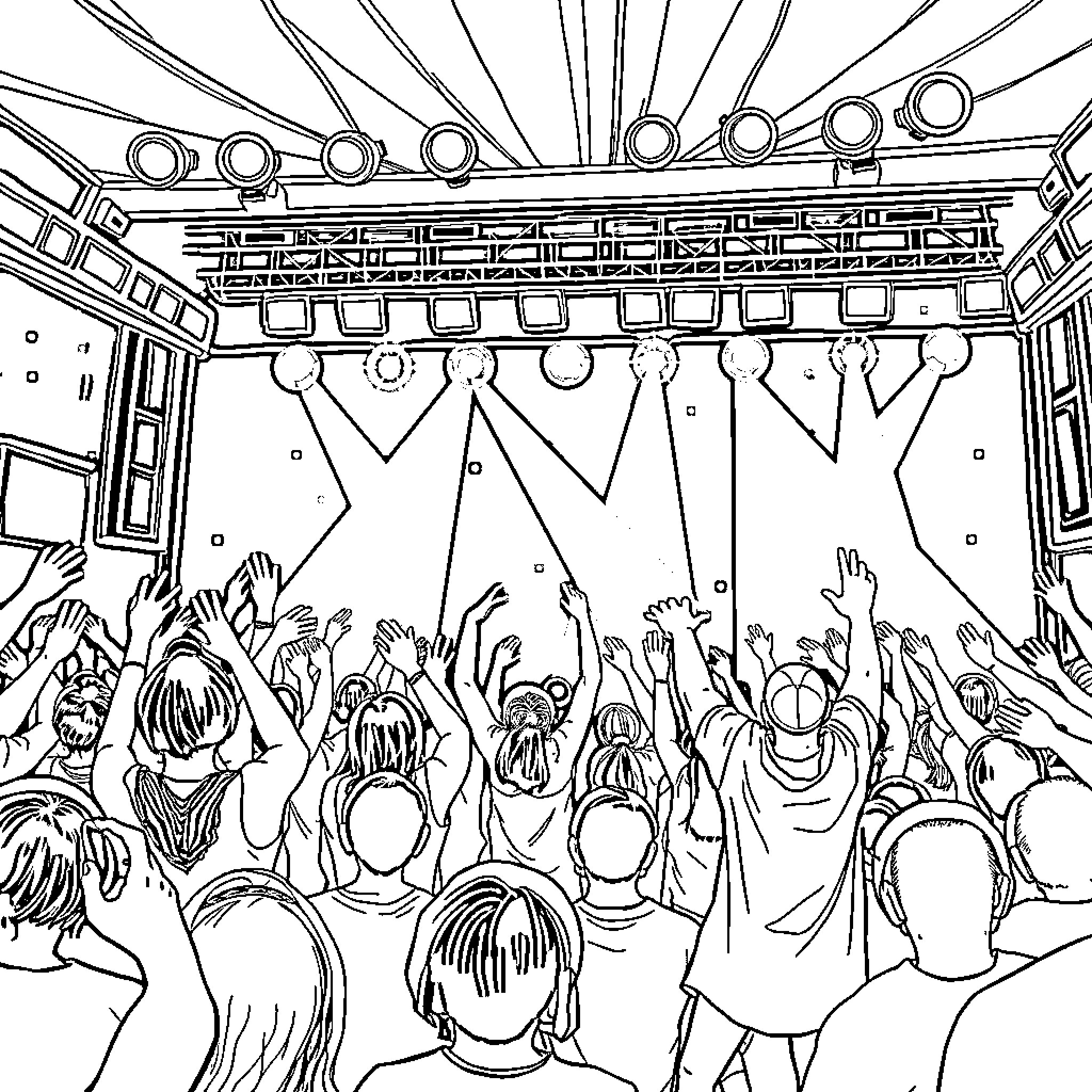 Kpop Performers on Stage Entertaining Energetic Crowd Coloring Page (free black-and-white line drawing printable PDF for all, from beginners to advanced learners, including children, teens, adults, and seniors)