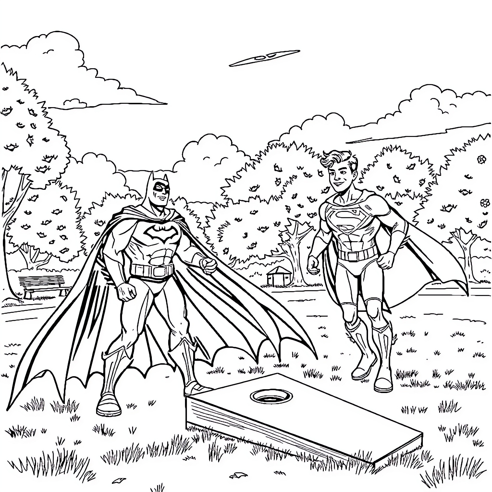 Batman and Superman in heroic action scene Coloring Page (free black-and-white line drawing printable PDF for all, from beginners to advanced learners, including children, teens, adults, and seniors)