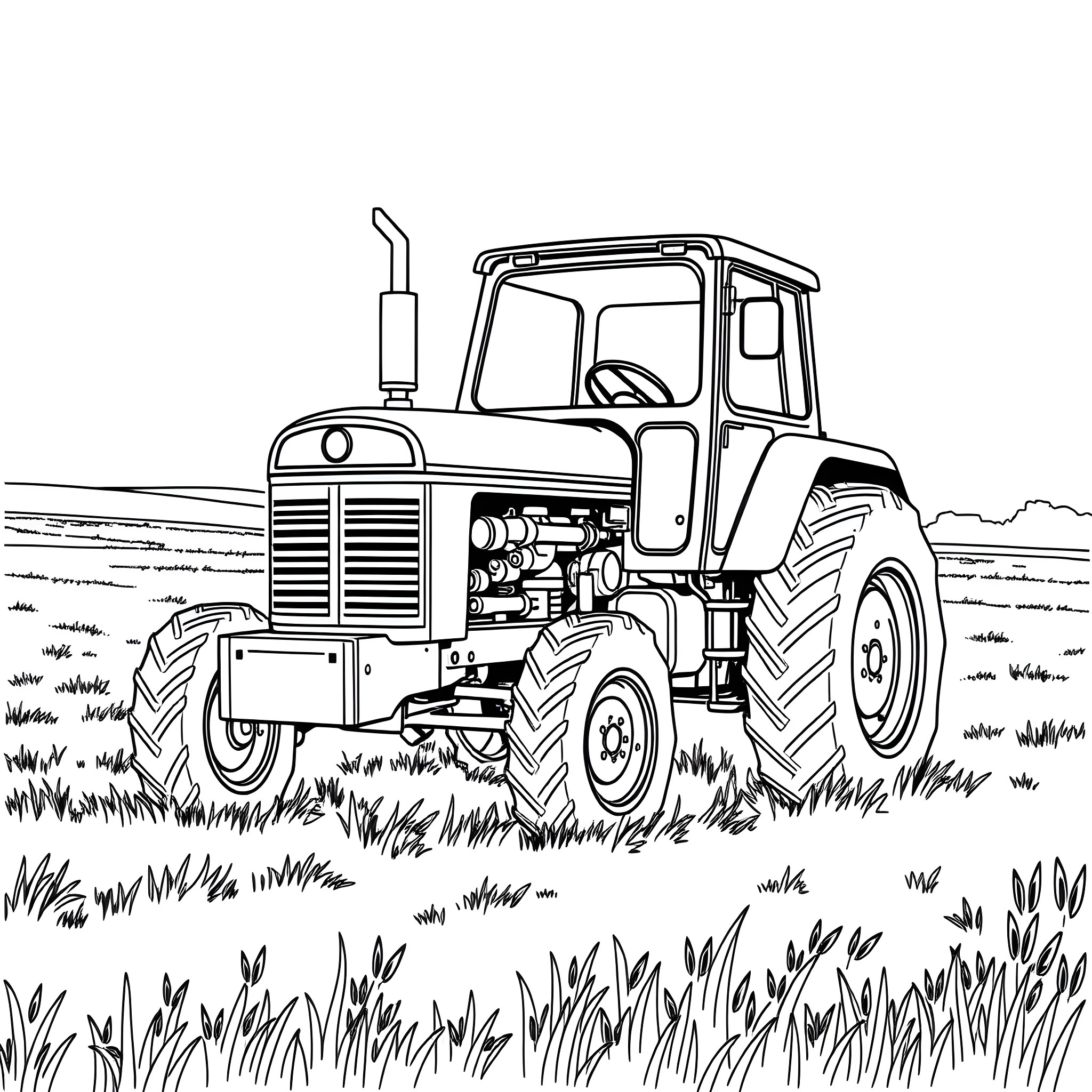 Tractor in a field with grass Coloring Page (free black-and-white line drawing printable PDF for all, from beginners to advanced learners, including children, teens, adults, and seniors)