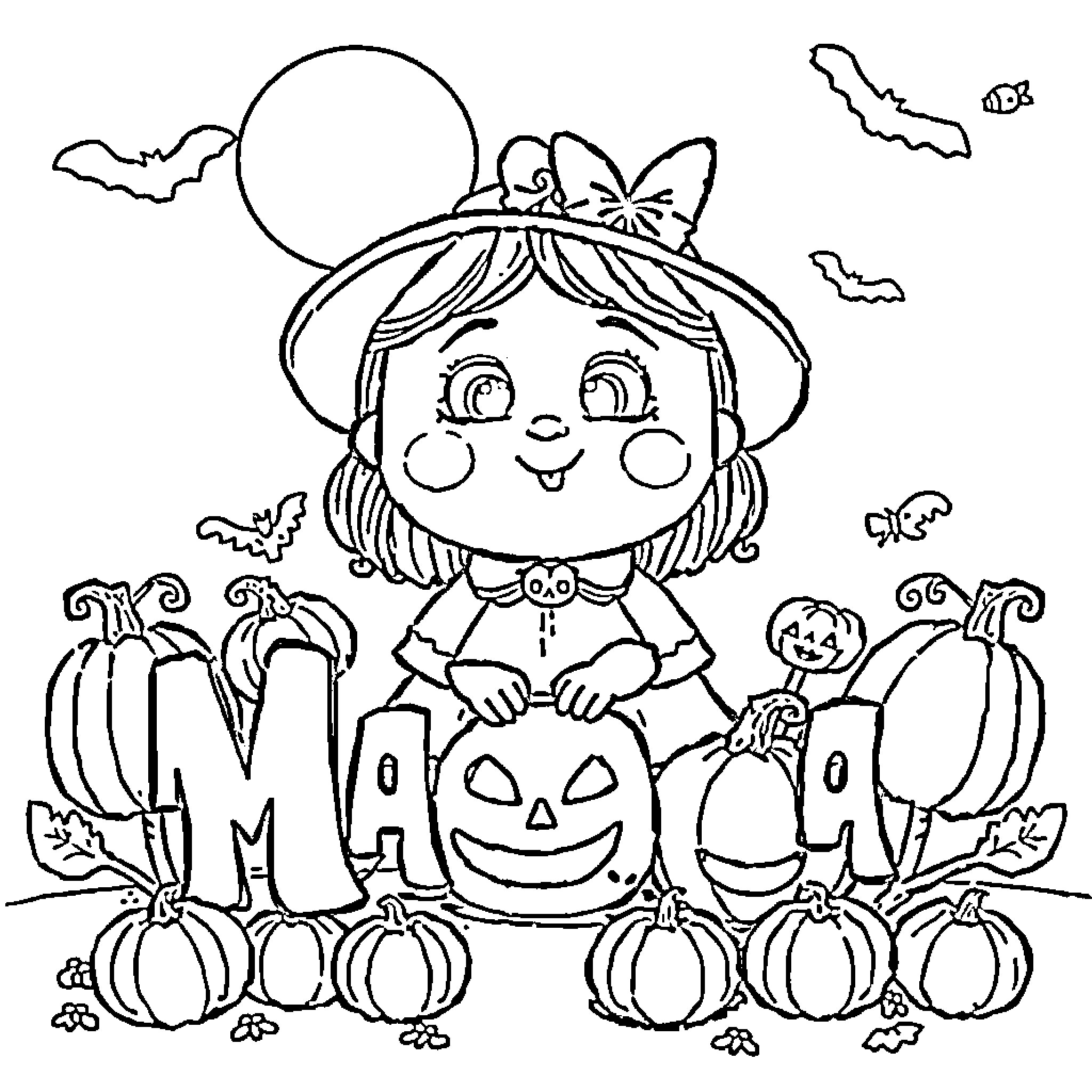 Mariela's Joyful Halloween Celebration Coloring Page (free black-and-white line drawing printable PDF for all, from beginners to advanced learners, including children, teens, adults, and seniors)