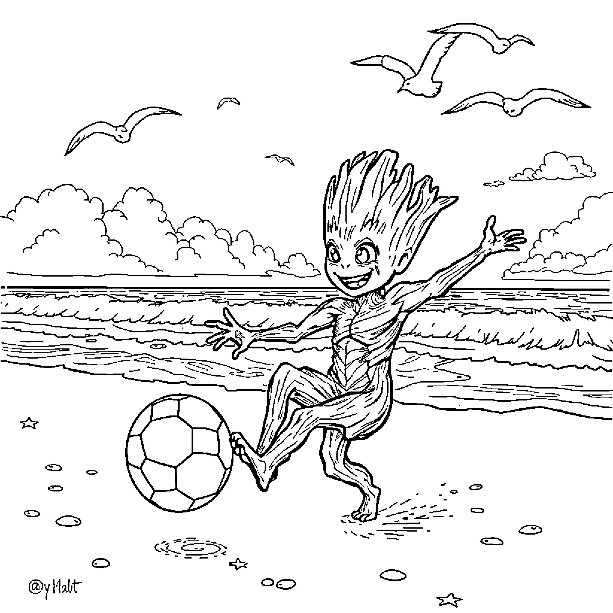Groot playing joyfully with a soccer ball on the beach Coloring Page (free black-and-white line drawing printable PDF for all, from beginners to advanced learners, including children, teens, adults, and seniors)
