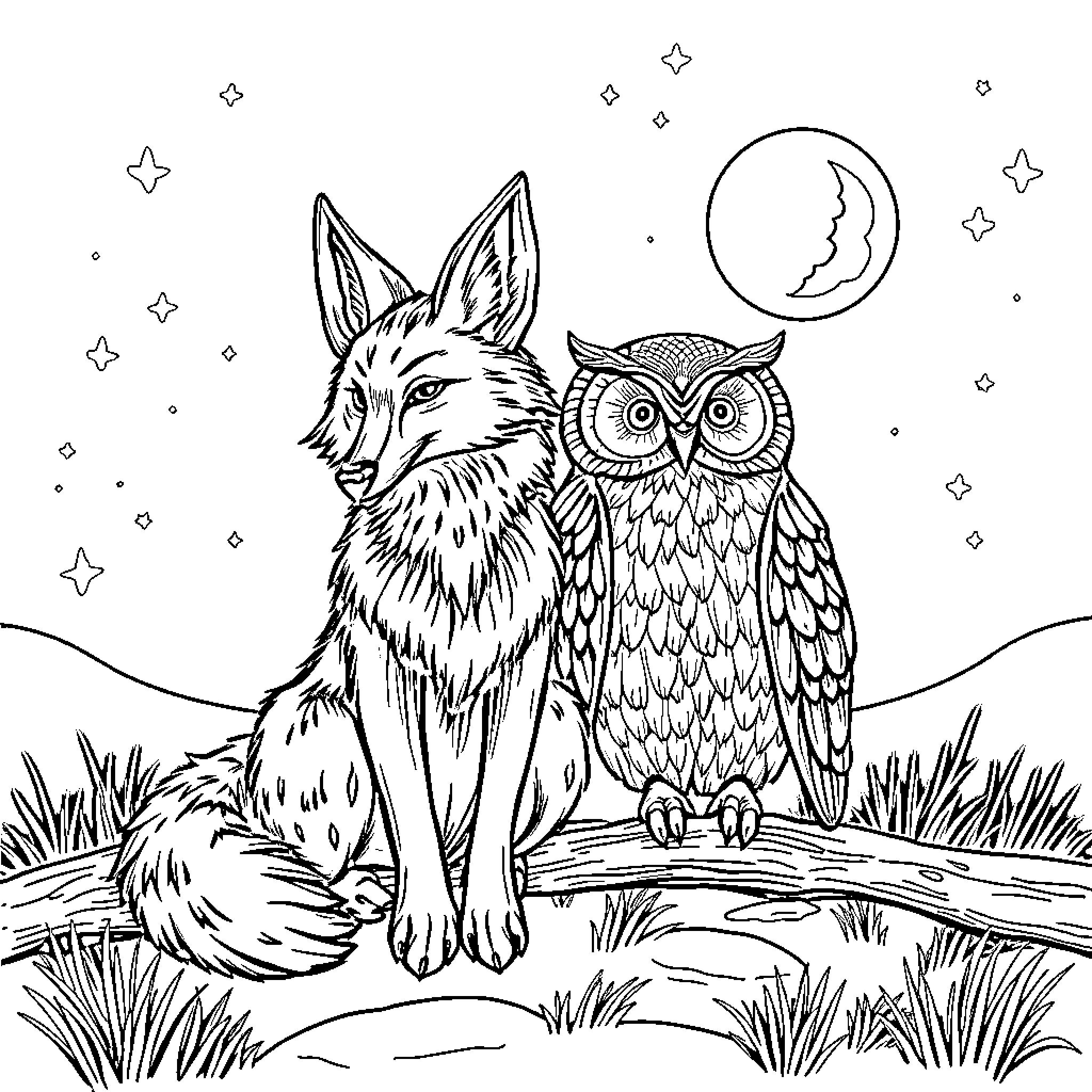 Coyote and Owl in Starry Night Coloring Page (free black-and-white line drawing printable PDF for all, from beginners to advanced learners, including children, teens, adults, and seniors)