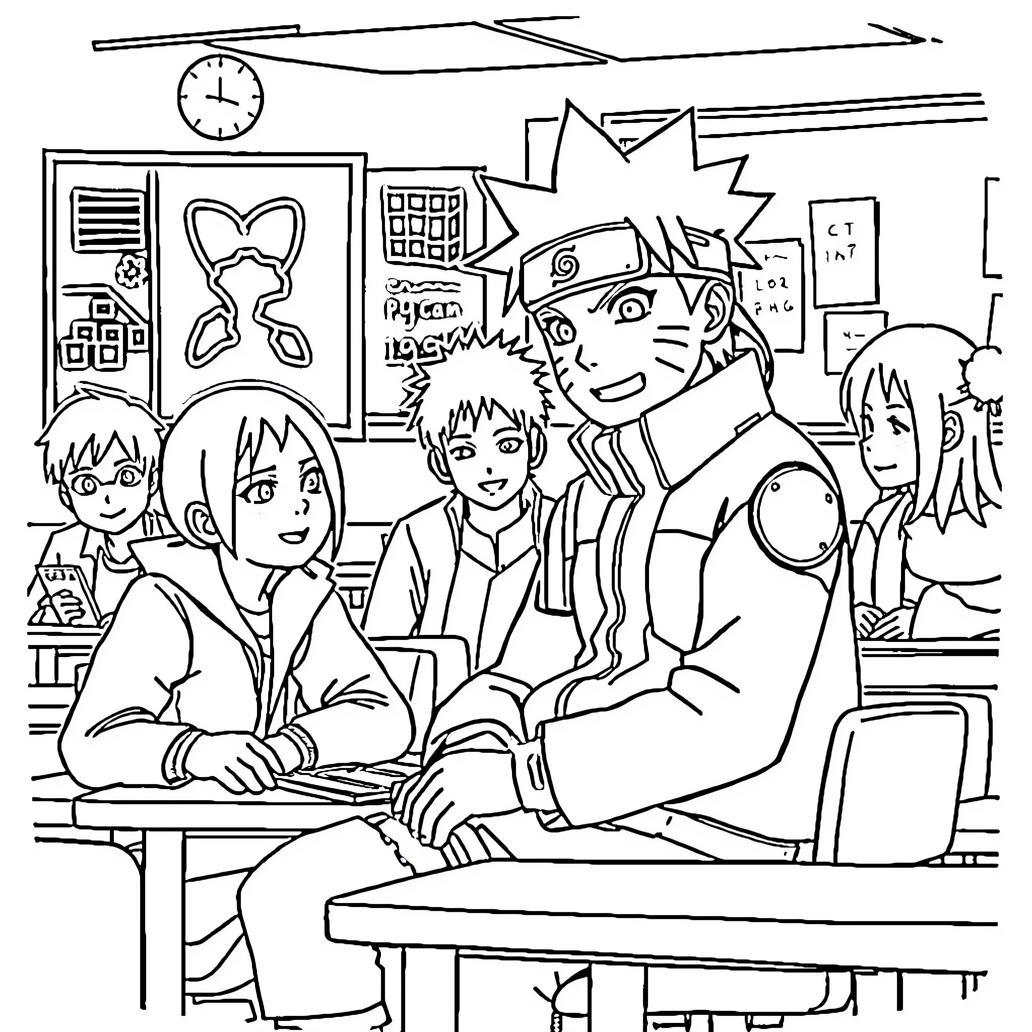 Naruto and friends studying and relaxing in classroom Coloring Page (free black-and-white line drawing printable PDF for all, from beginners to advanced learners, including children, teens, adults, and seniors)
