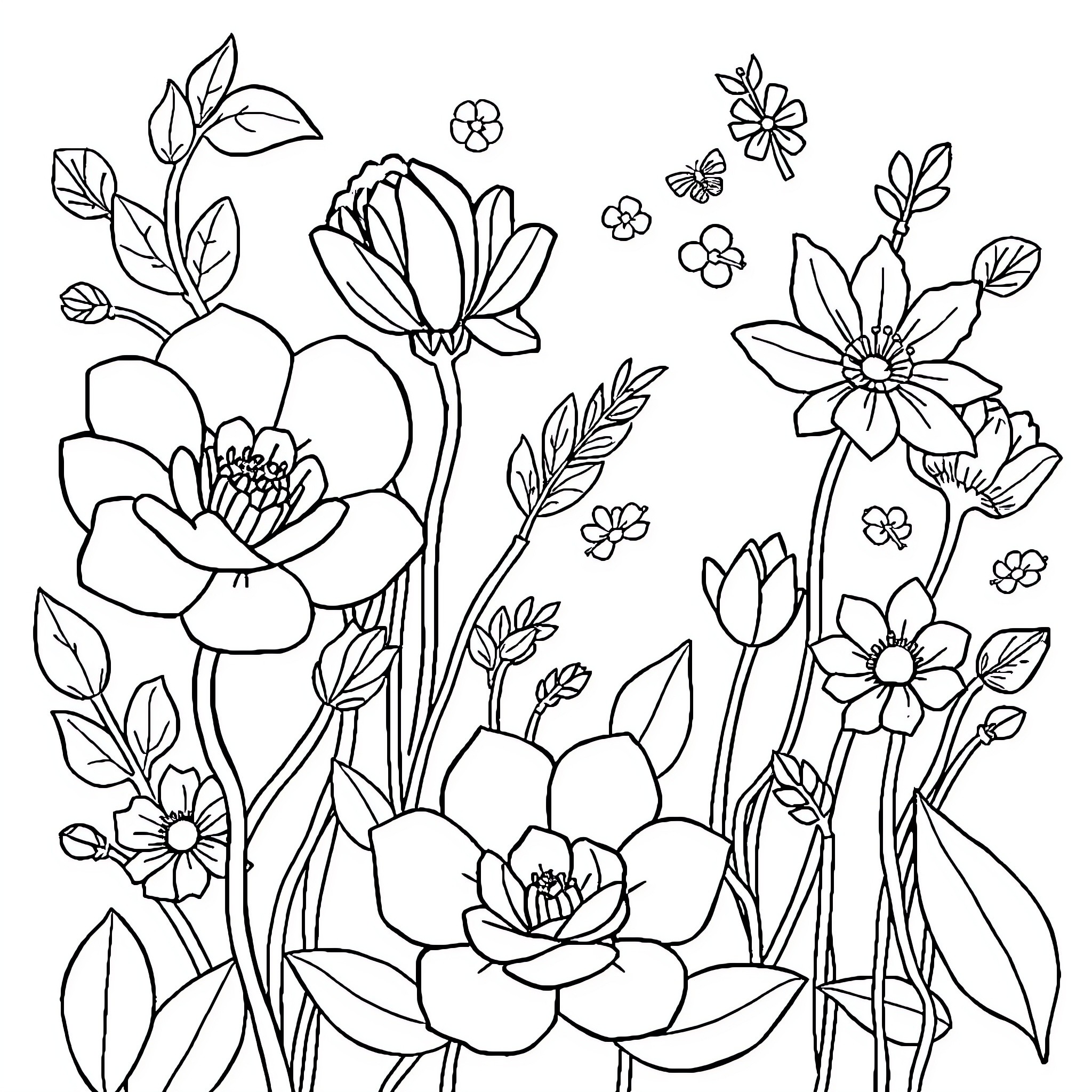 Aesthetic Floral Scene with Blooming Flowers Coloring Page (free black-and-white line drawing printable PDF for all, from beginners to advanced learners, including children, teens, adults, and seniors)