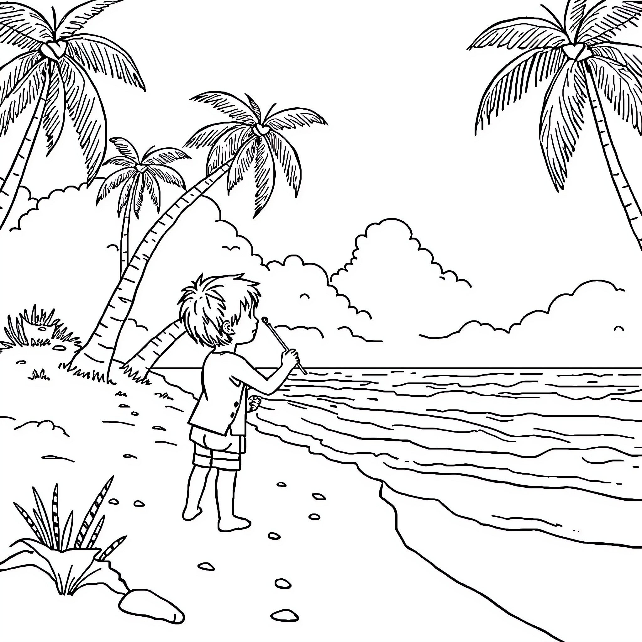 Kid enjoying the tropical beach scenery Coloring Page (free black-and-white line drawing printable PDF for all, from beginners to advanced learners, including children, teens, adults, and seniors)