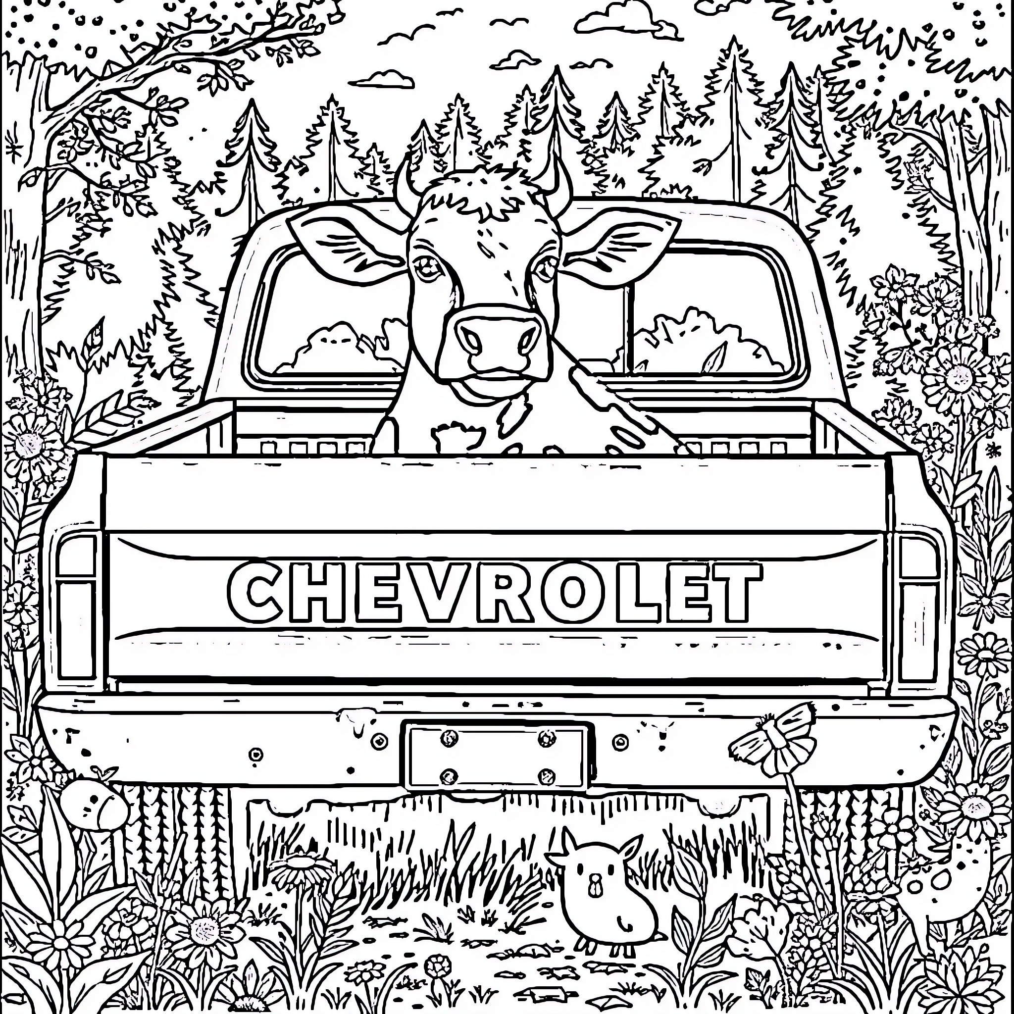 Cow on a Chevrolet truck in the forest Coloring Page (free black-and-white line drawing printable PDF for all, from beginners to advanced learners, including children, teens, adults, and seniors)