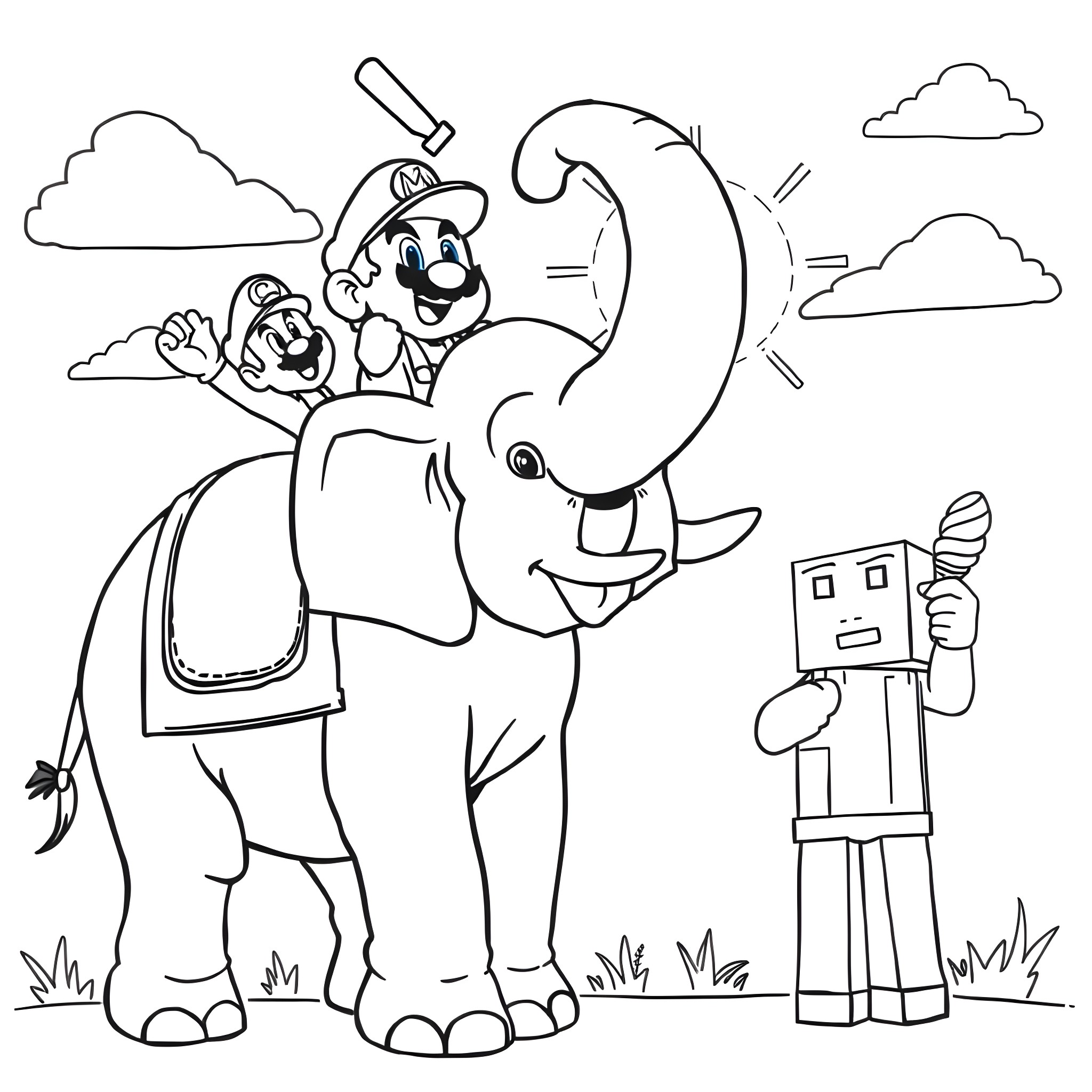Mario riding a friendly elephant and waving to a robot Coloring Page (free black-and-white line drawing printable PDF for all, from beginners to advanced learners, including children, teens, adults, and seniors)