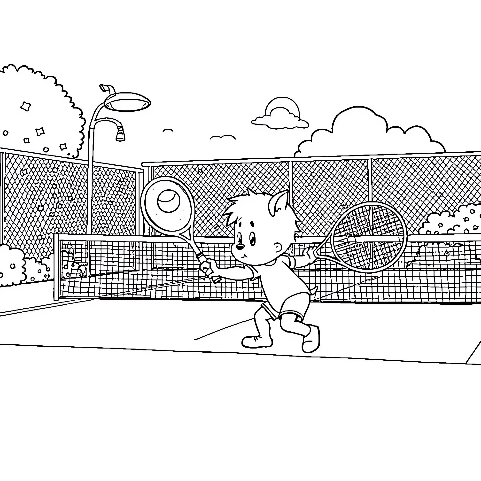 Bear playing tennis on a court Coloring Page (free black-and-white line drawing printable PDF for all, from beginners to advanced learners, including children, teens, adults, and seniors)