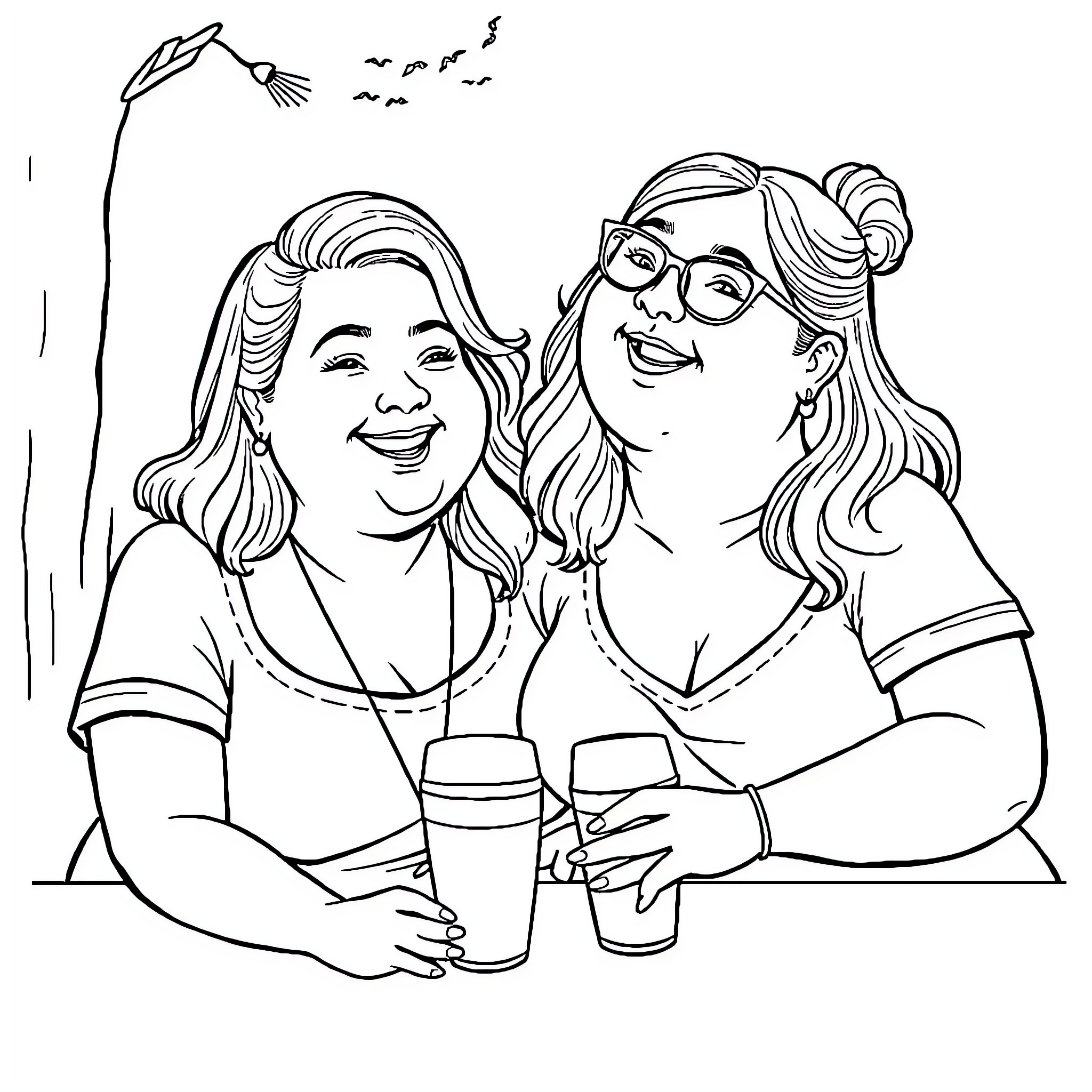 Chubbu Women Enjoying Drinks and Conversation Coloring Page (free black-and-white line drawing printable PDF for all, from beginners to advanced learners, including children, teens, adults, and seniors)
