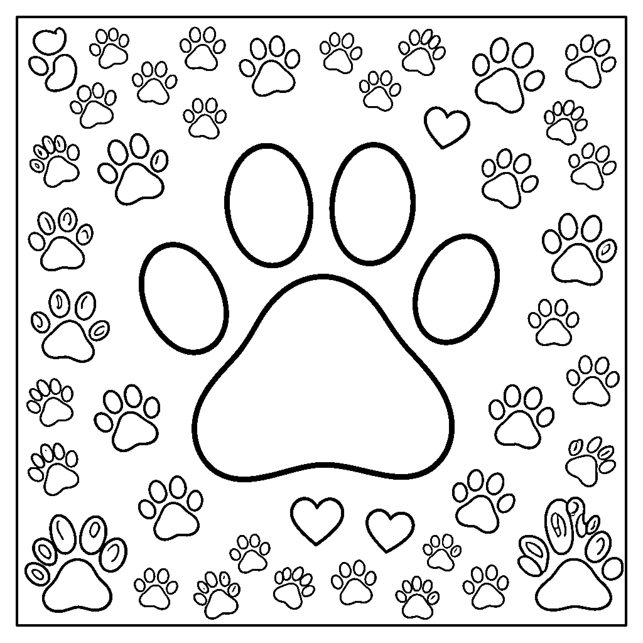 Pawprint patterns scattered across the background Coloring Page (free black-and-white line drawing printable PDF for all, from beginners to advanced learners, including children, teens, adults, and seniors)