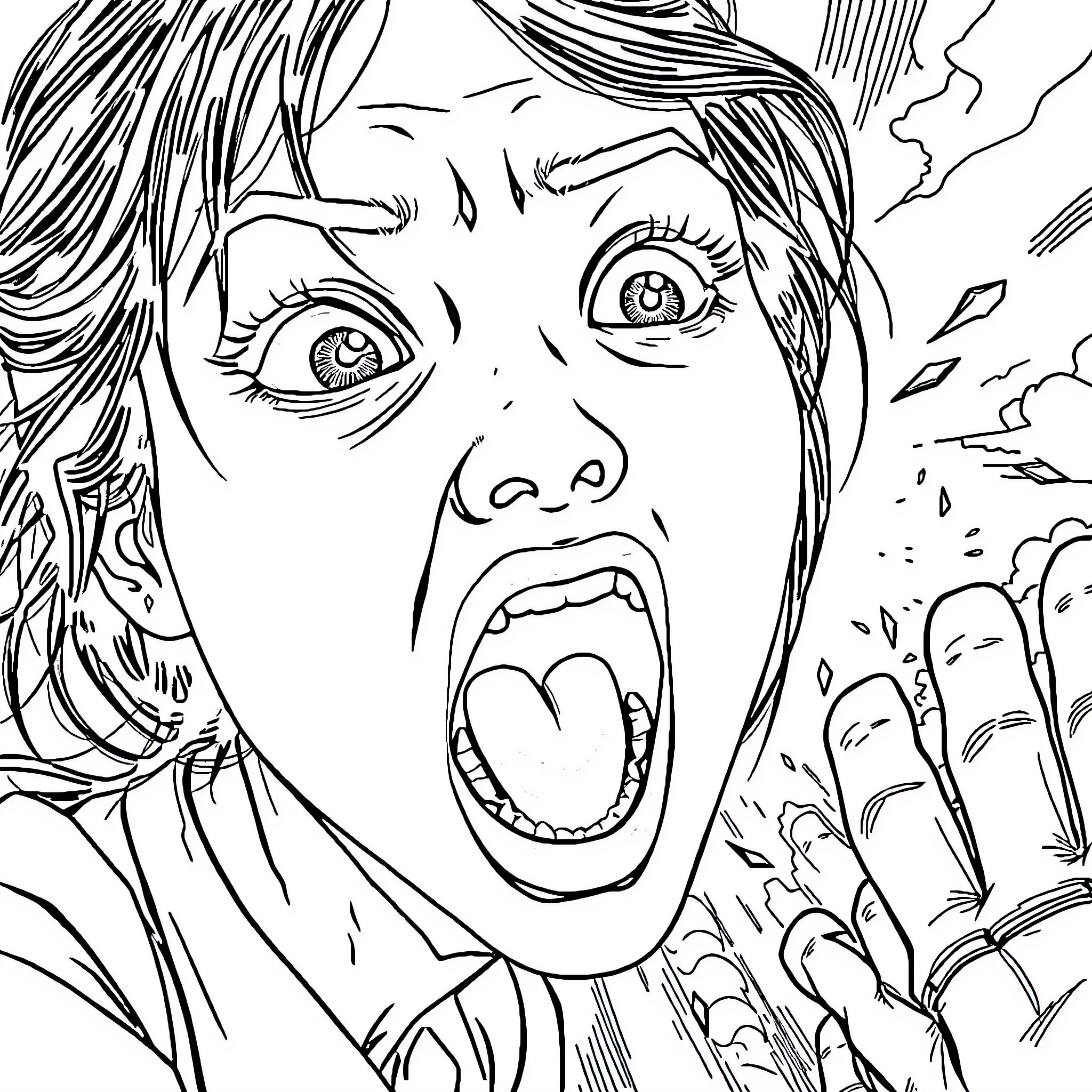 Woman expressing shock and fear in a dramatic scene Coloring Page (free black-and-white line drawing printable PDF for all, from beginners to advanced learners, including children, teens, adults, and seniors)