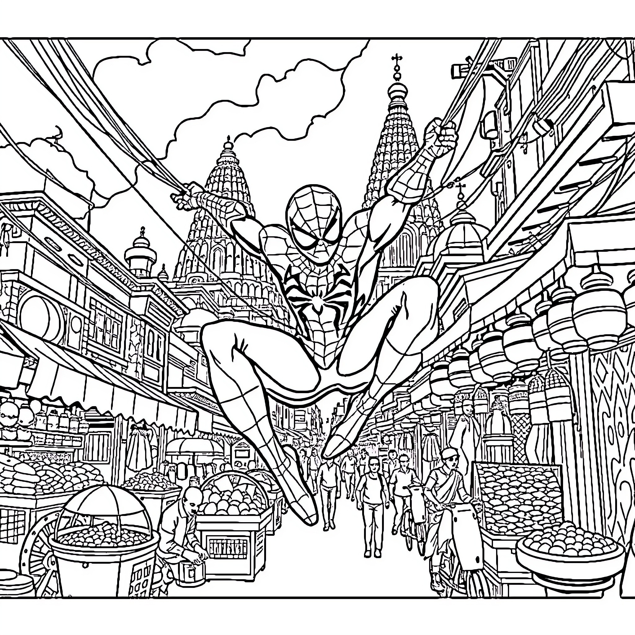 Spiderman swinging through a vibrant city scene Coloring Page (free black-and-white line drawing printable PDF for all, from beginners to advanced learners, including children, teens, adults, and seniors)