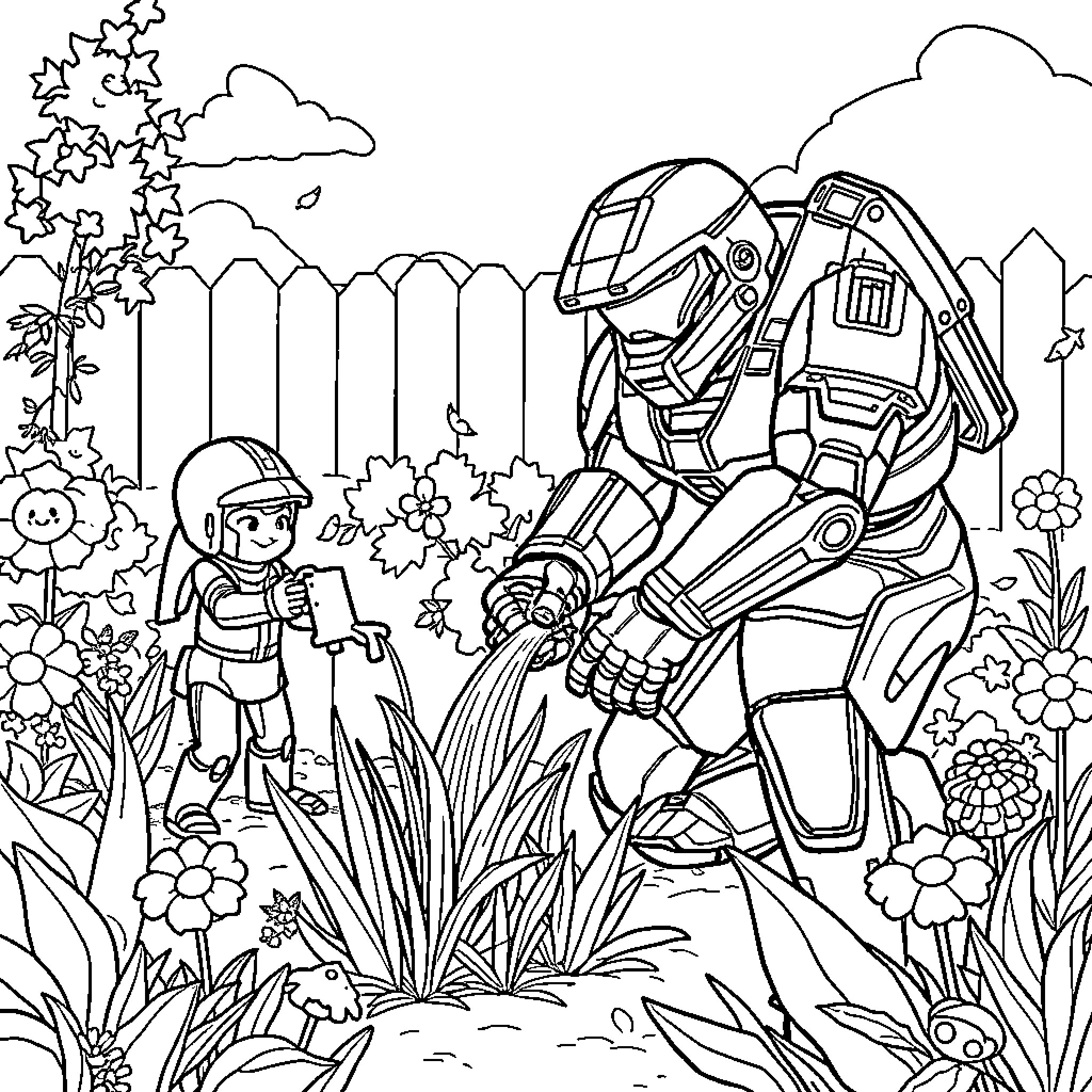 Master Chief helping a young person in a garden Coloring Page (free black-and-white line drawing printable PDF for all, from beginners to advanced learners, including children, teens, adults, and seniors)