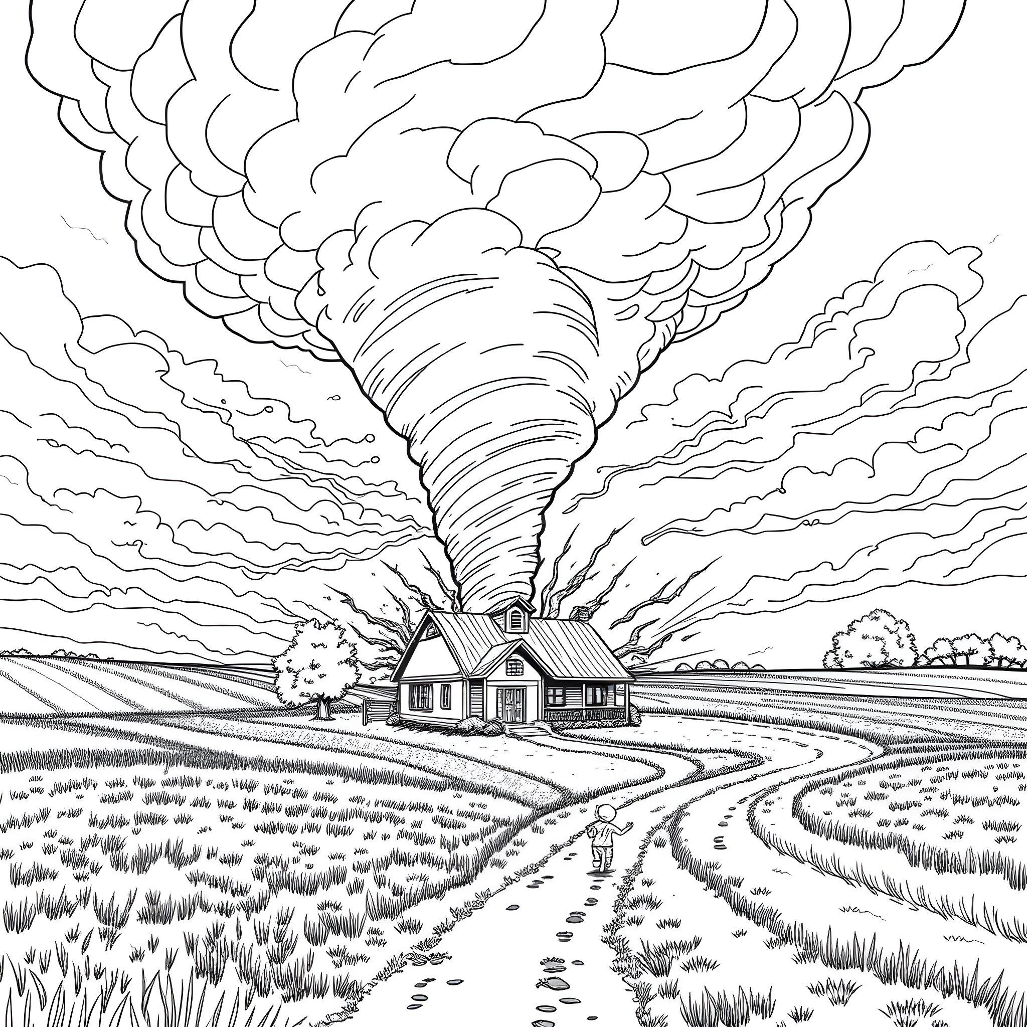 Tornado Approaching Rural House in Stormy Landscape Coloring Page (free black-and-white line drawing printable PDF for all, from beginners to advanced learners, including children, teens, adults, and seniors)