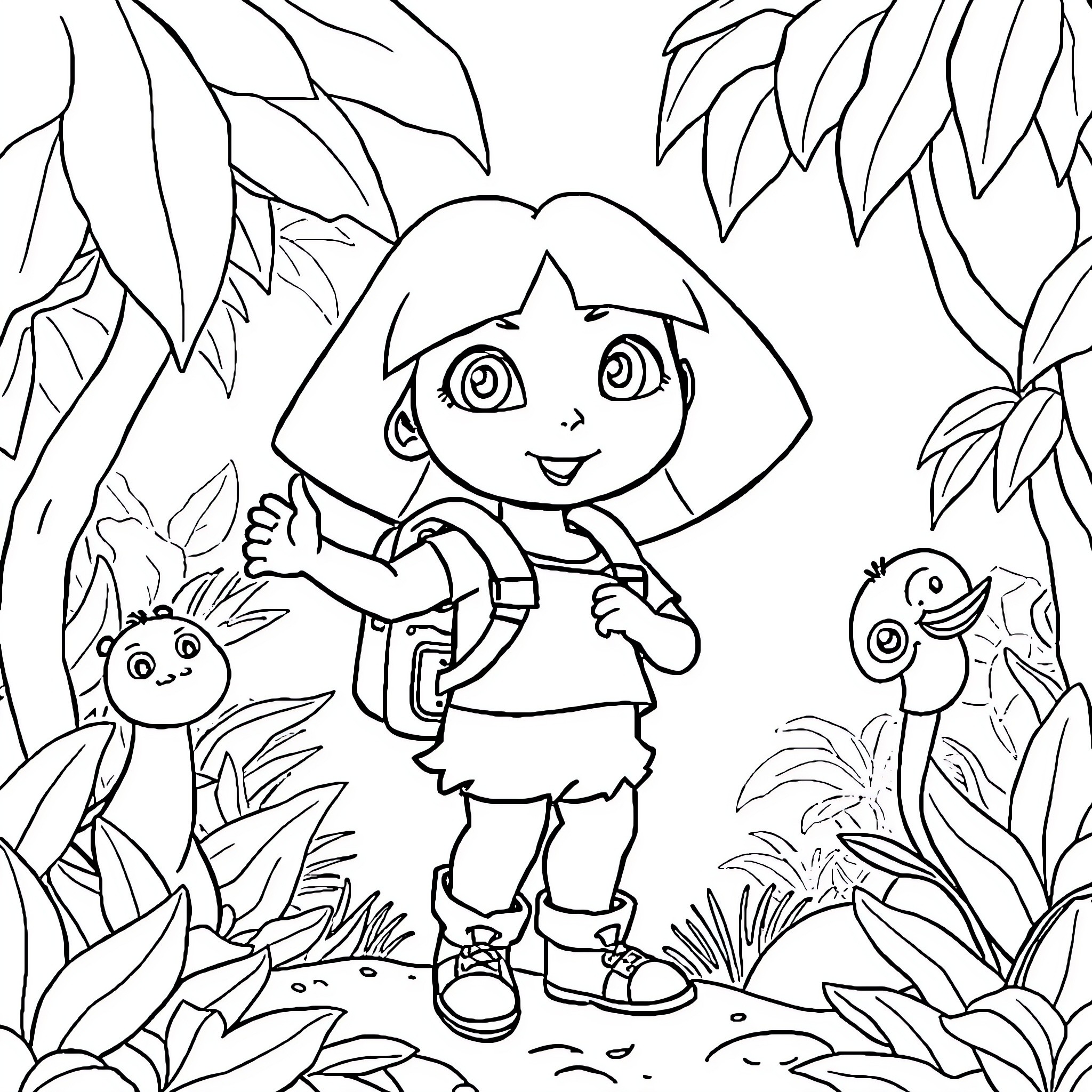Dora Explores the Vibrant Jungle Coloring Page (free black-and-white line drawing printable PDF for all, from beginners to advanced learners, including children, teens, adults, and seniors)