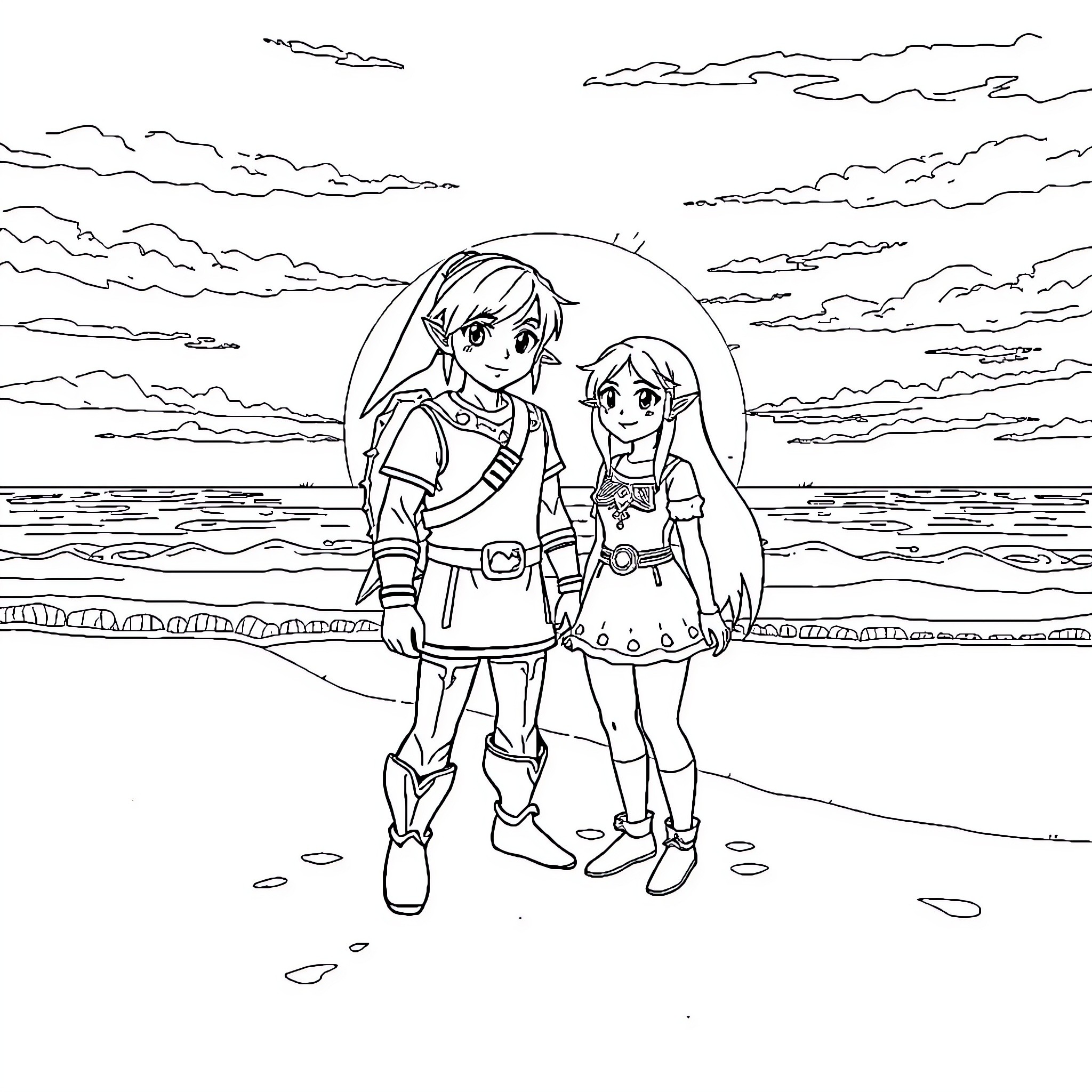 Link and Companion on Beach Adventure Coloring Page (free black-and-white line drawing printable PDF for all, from beginners to advanced learners, including children, teens, adults, and seniors)