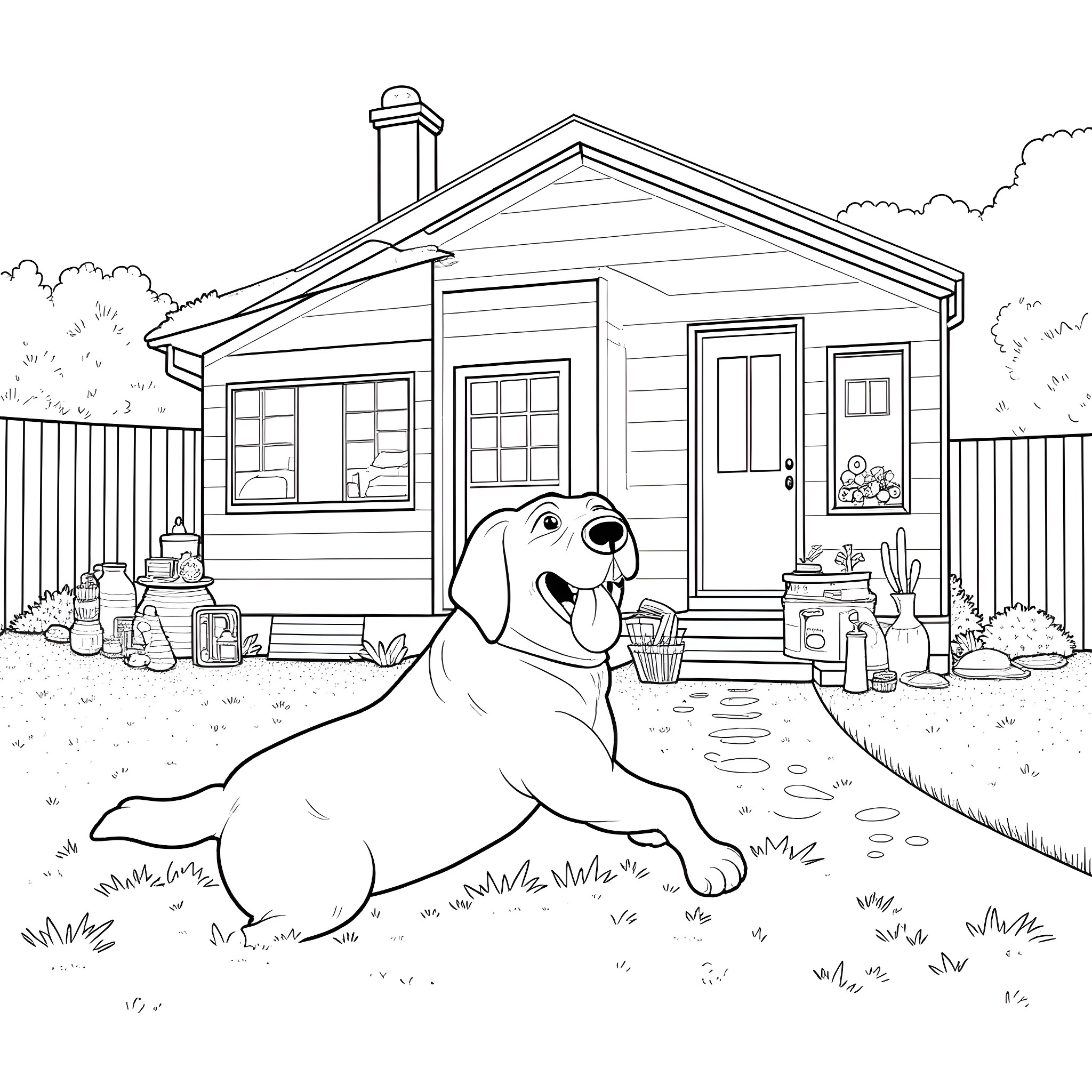 Dog Relaxing in Front of Cozy Cottage Coloring Page (free black-and-white line drawing printable PDF for all, from beginners to advanced learners, including children, teens, adults, and seniors)