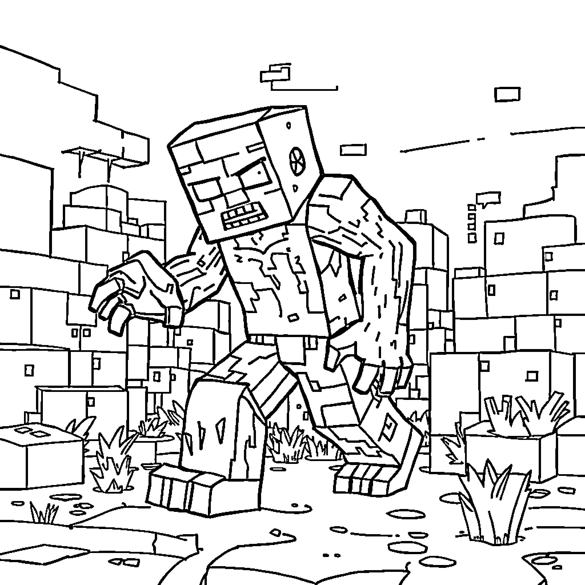 Zombie walking through a blocky landscape Coloring Page (free black-and-white line drawing printable PDF for all, from beginners to advanced learners, including children, teens, adults, and seniors)