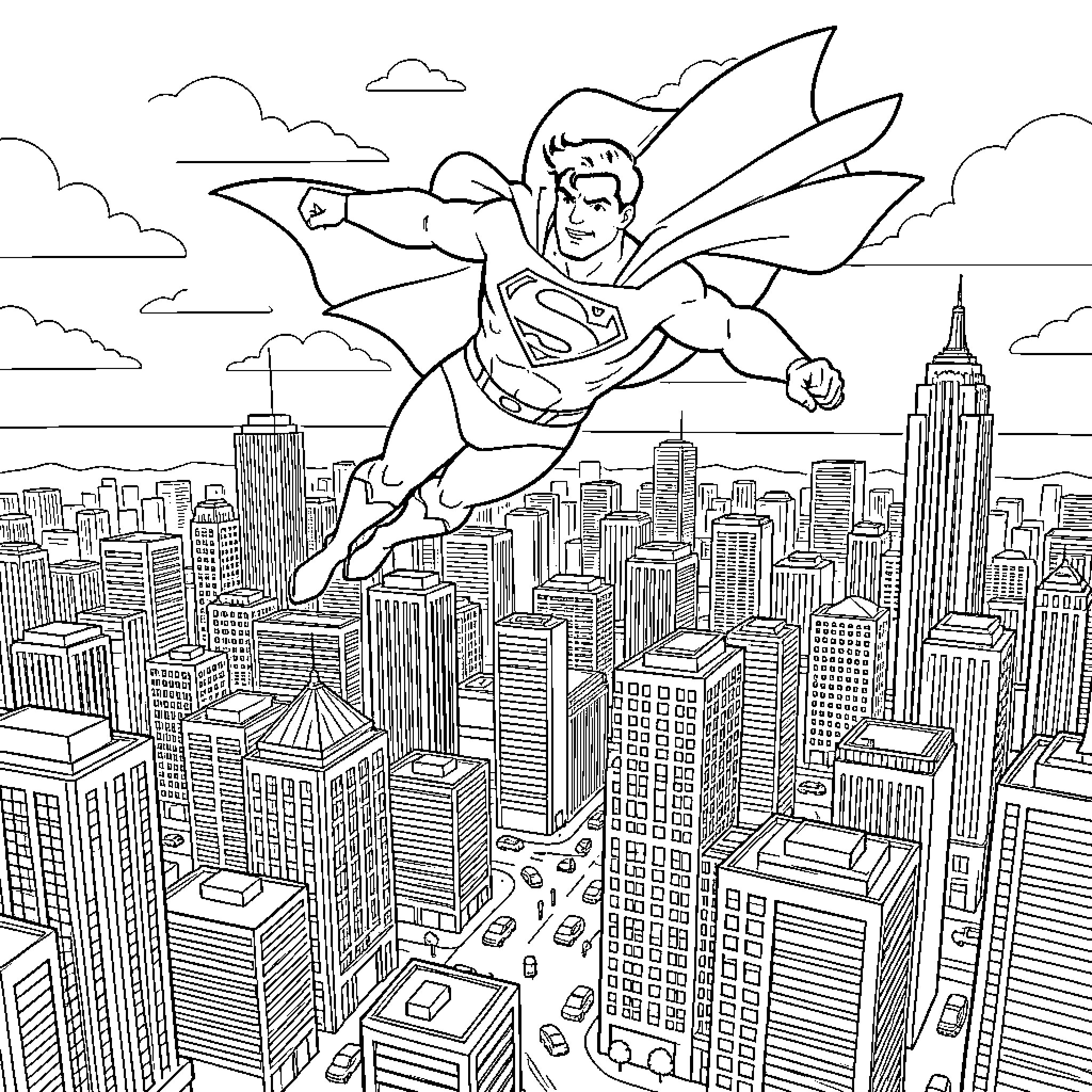 Superman flying heroically above a vast city skyline Coloring Page (free black-and-white line drawing printable PDF for all, from beginners to advanced learners, including children, teens, adults, and seniors)
