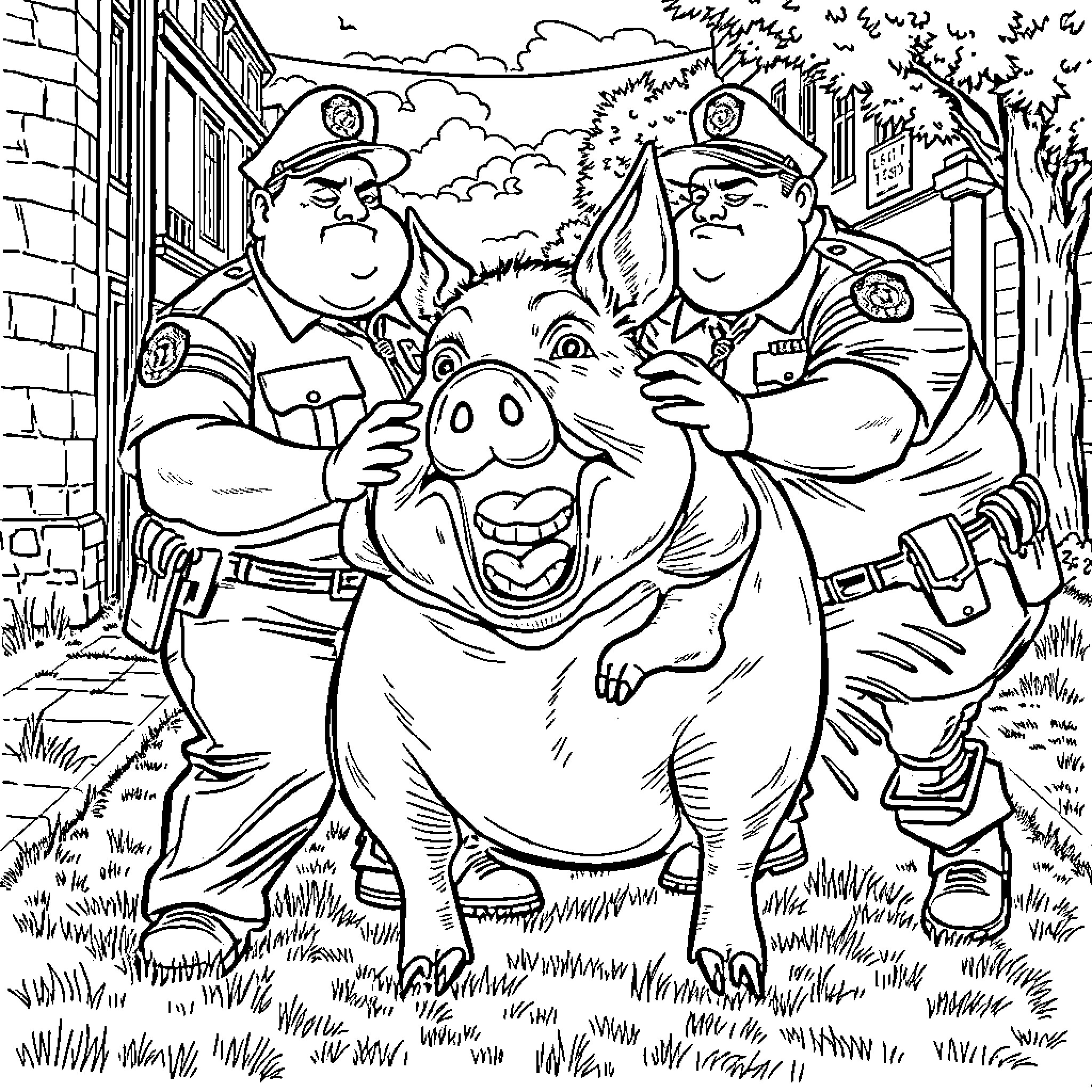 Cops detaining a funny-looking character in the neighborhood Coloring Page (free black-and-white line drawing printable PDF for all, from beginners to advanced learners, including children, teens, adults, and seniors)