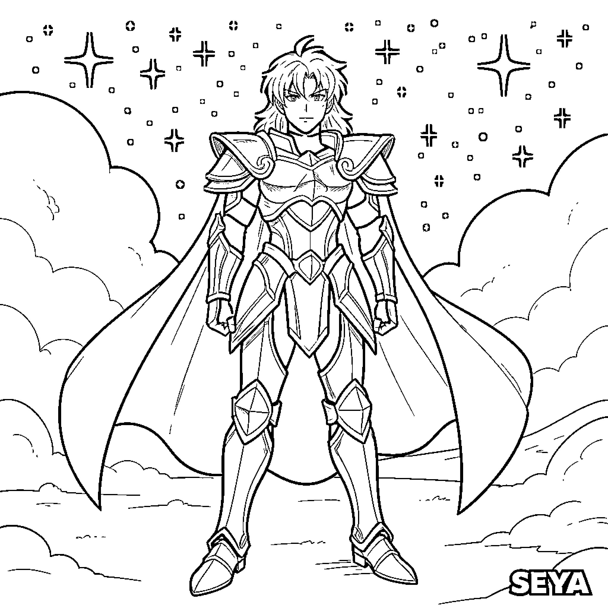 Pegasus Knight in Heroic Pose Coloring Page (free black-and-white line drawing printable PDF for all, from beginners to advanced learners, including children, teens, adults, and seniors)