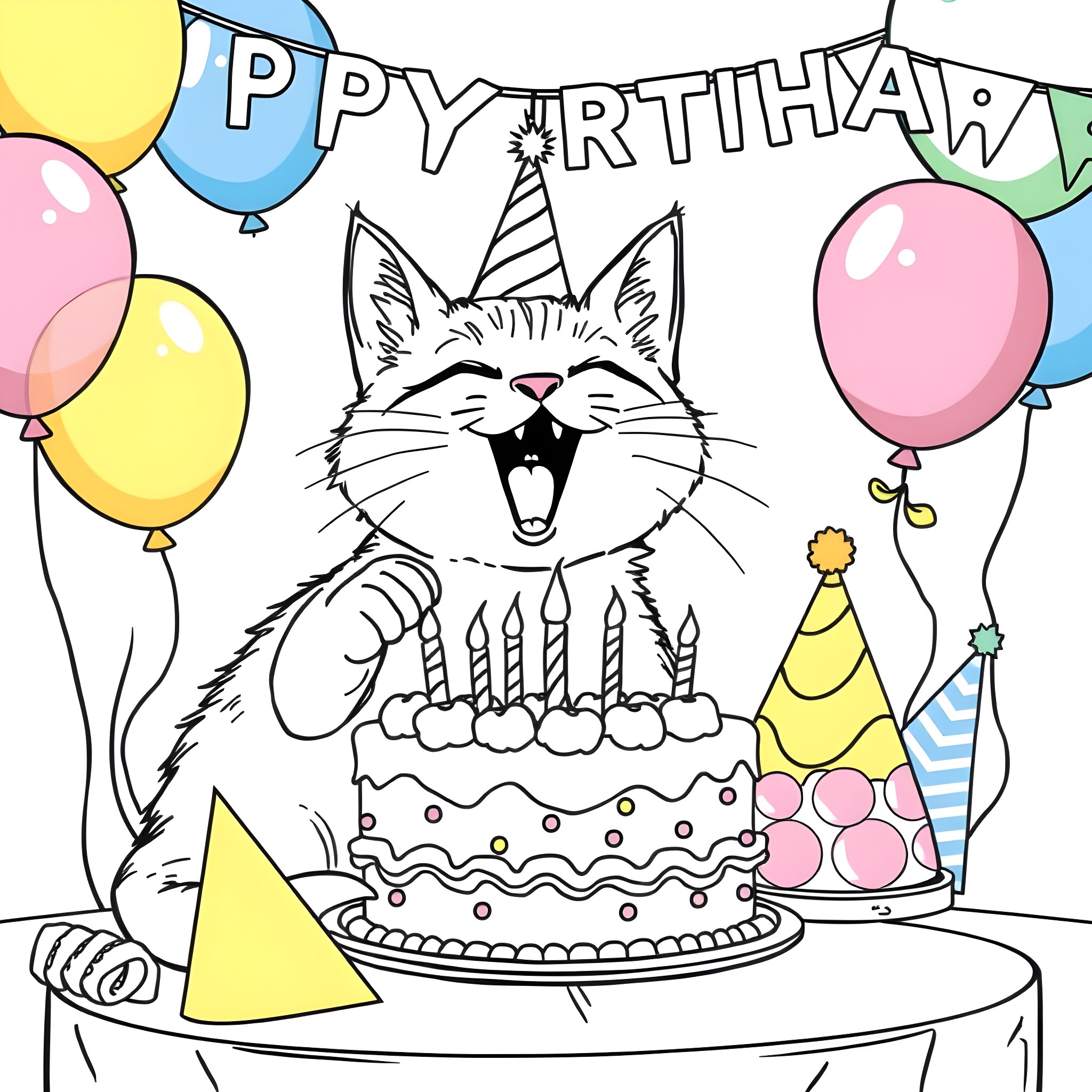 Cat celebrating birthday with cake and balloons Coloring Page (free black-and-white line drawing printable PDF for all, from beginners to advanced learners, including children, teens, adults, and seniors)