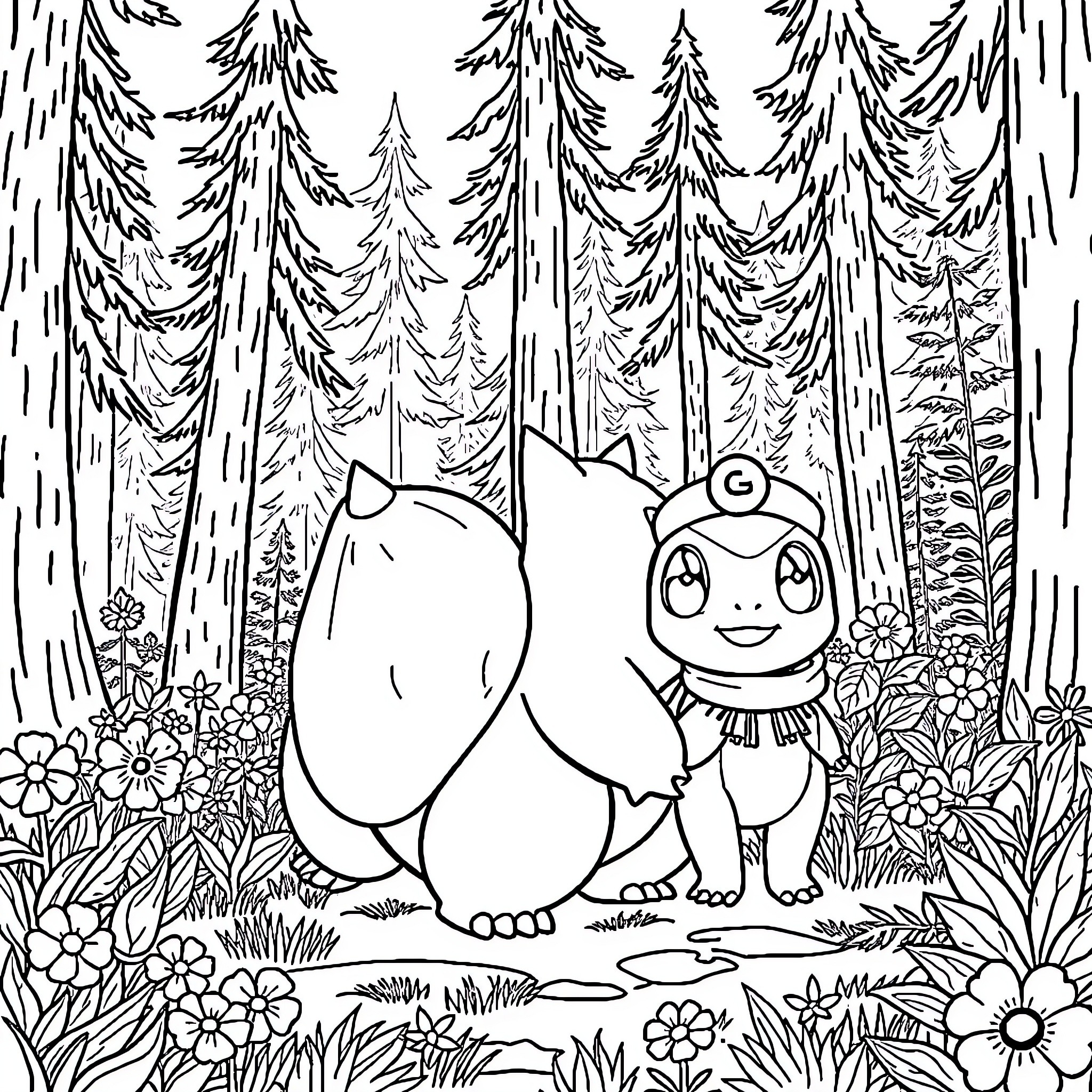Bulbasaur exploring the enchanted forest Coloring Page (free black-and-white line drawing printable PDF for all, from beginners to advanced learners, including children, teens, adults, and seniors)