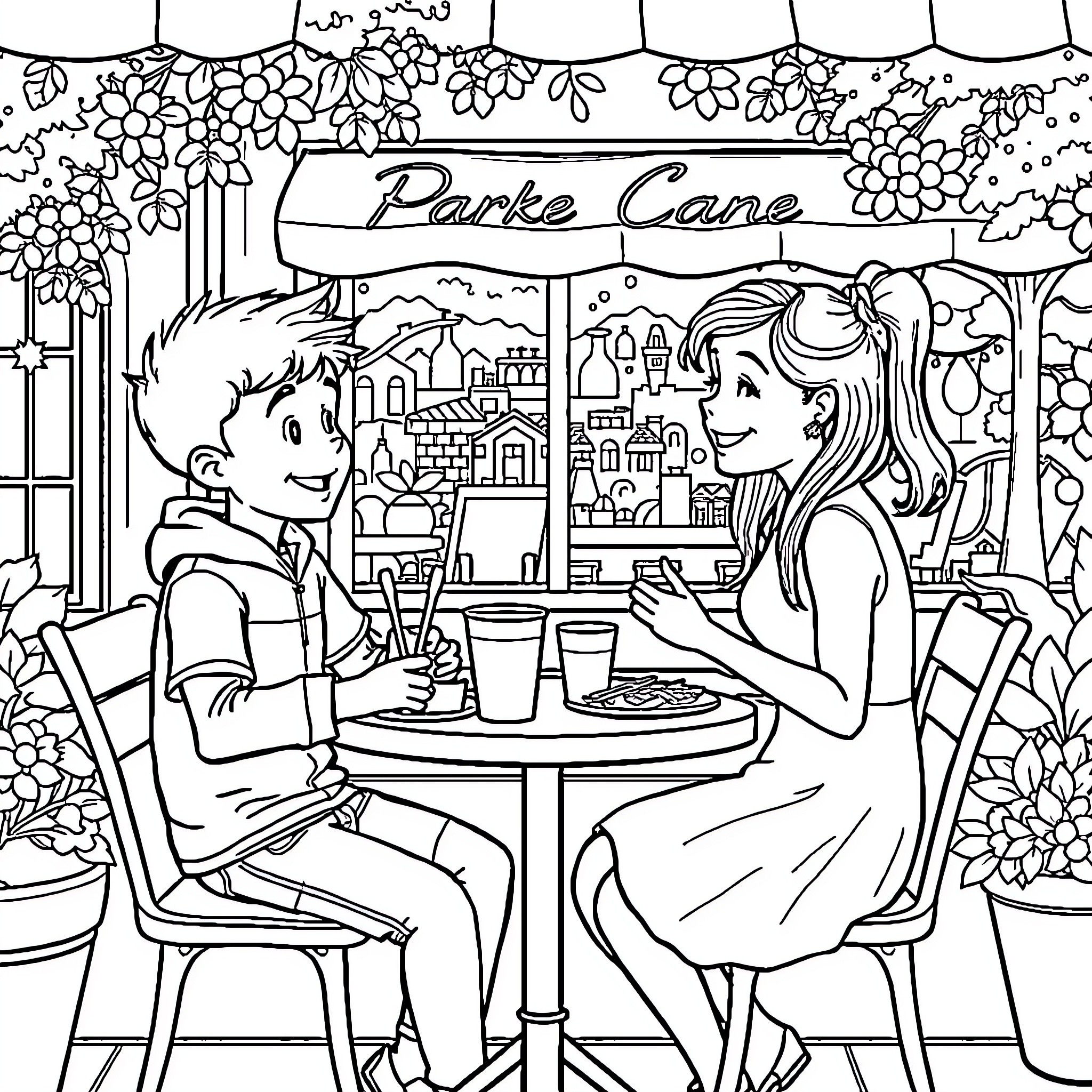 Boy and Girl Enjoying a Cafe Date Coloring Page (free black-and-white line drawing printable PDF for all, from beginners to advanced learners, including children, teens, adults, and seniors)