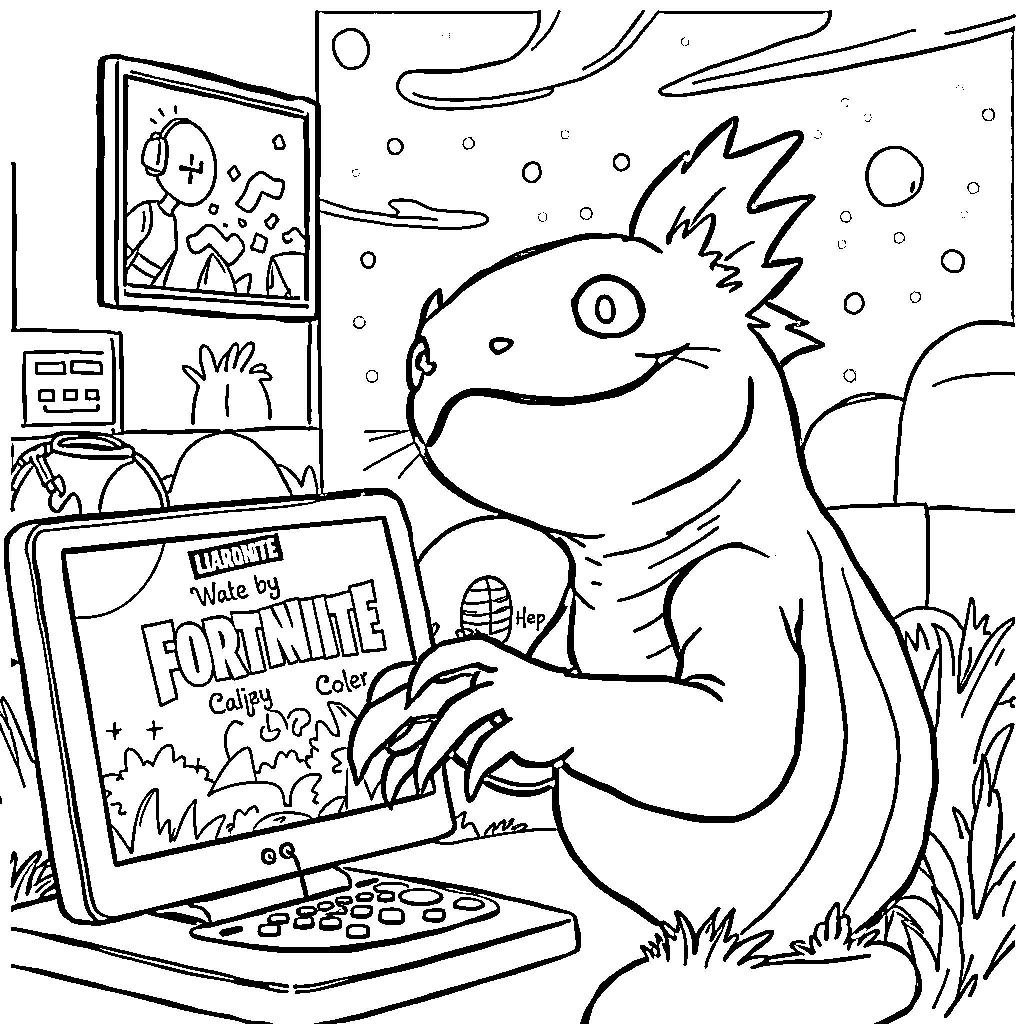 Axolotl Playing Video Game on Computer Coloring Page (free black-and-white line drawing printable PDF for all, from beginners to advanced learners, including children, teens, adults, and seniors)