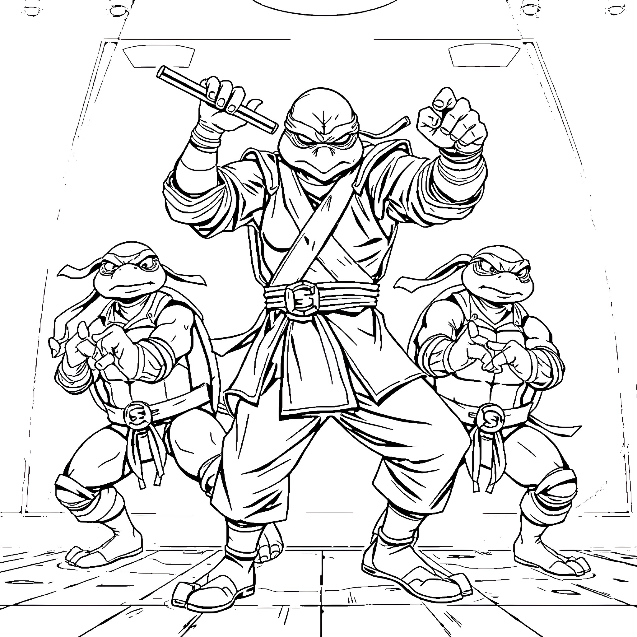 Master Splinter Leads Ninja Turtles in Combat Coloring Page (free black-and-white line drawing printable PDF for all, from beginners to advanced learners, including children, teens, adults, and seniors)