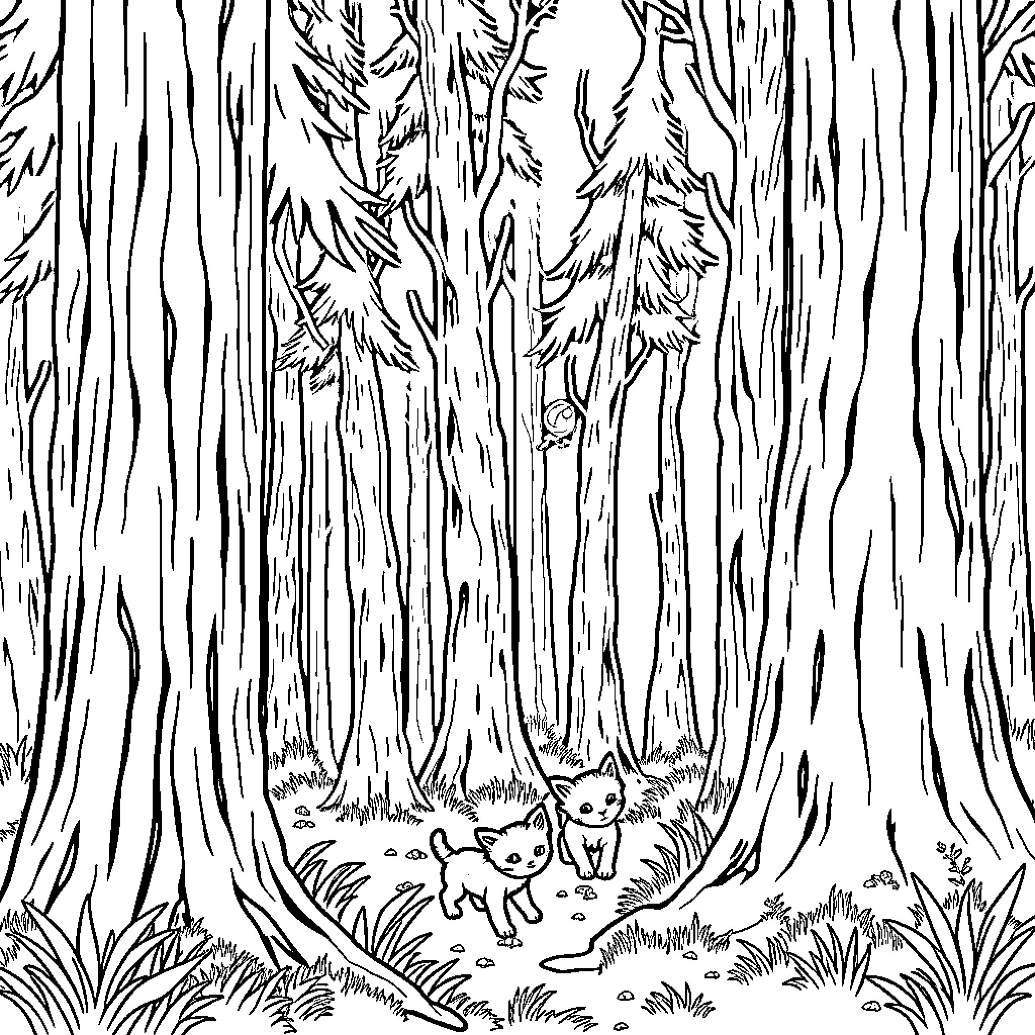 Kittens exploring the enchanted forest Coloring Page (free black-and-white line drawing printable PDF for all, from beginners to advanced learners, including children, teens, adults, and seniors)