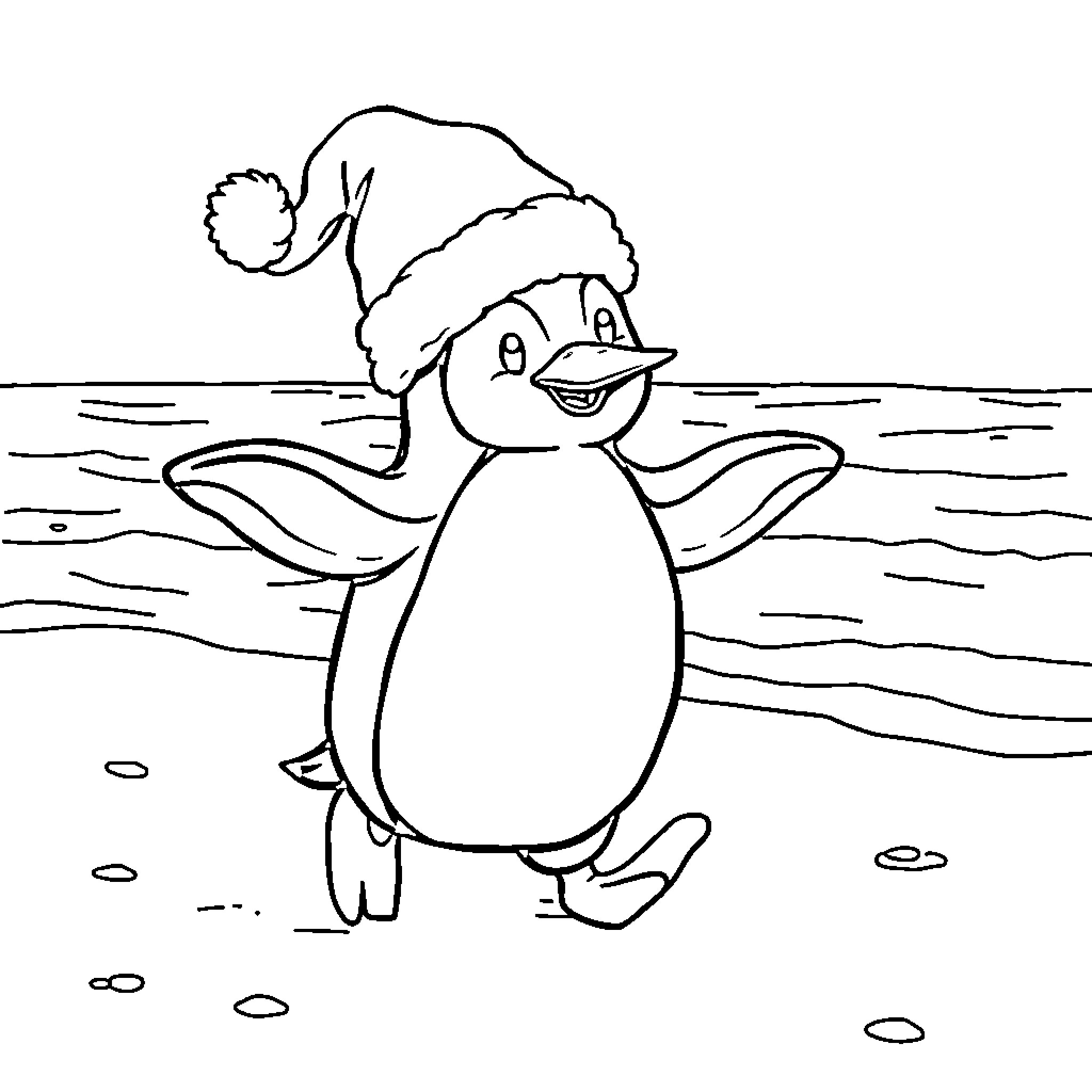 Penguin wearing a Santa hat on the snow Coloring Page (free black-and-white line drawing printable PDF for all, from beginners to advanced learners, including children, teens, adults, and seniors)