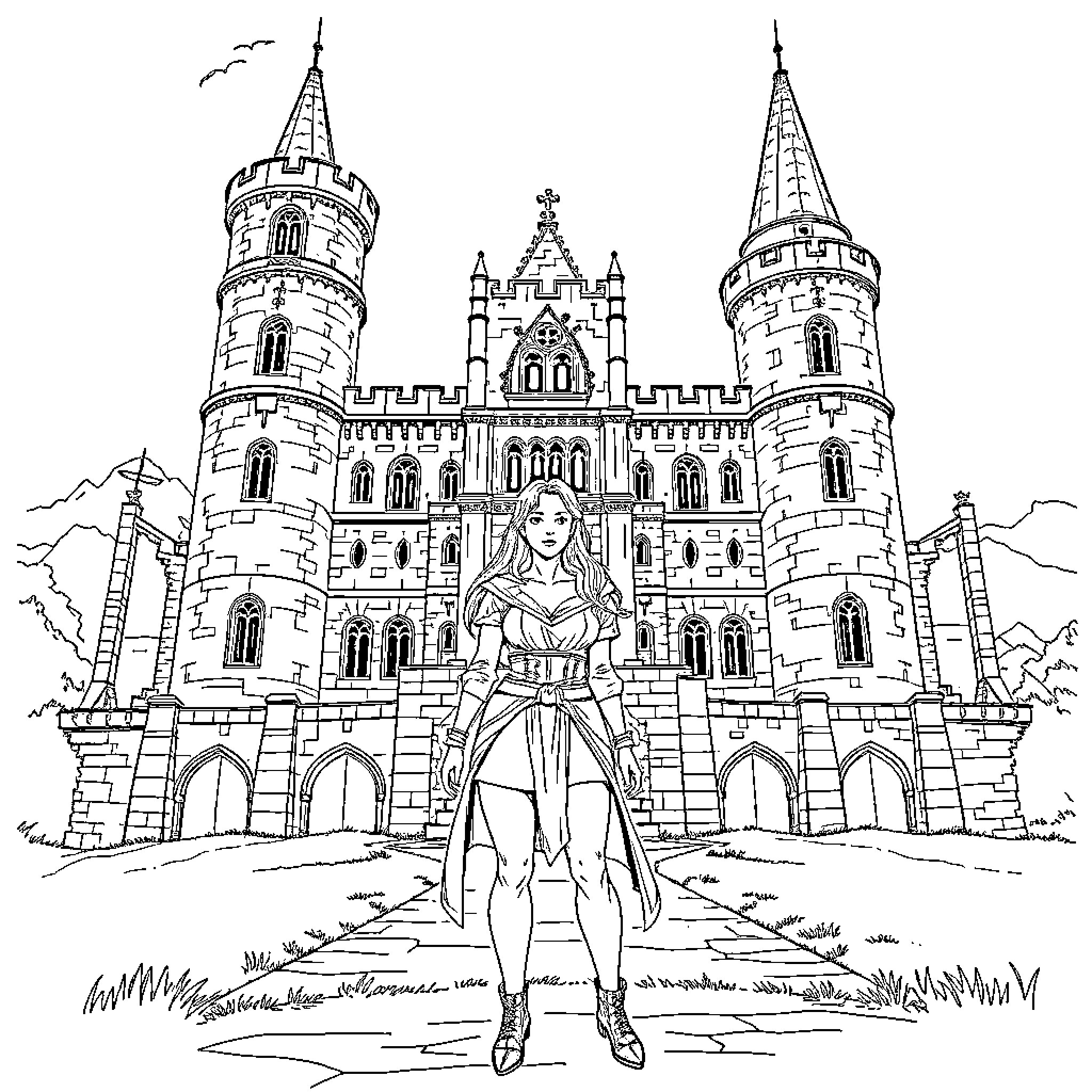 Rhea Ripley standing in front of a grand castle Coloring Page (free black-and-white line drawing printable PDF for all, from beginners to advanced learners, including children, teens, adults, and seniors)