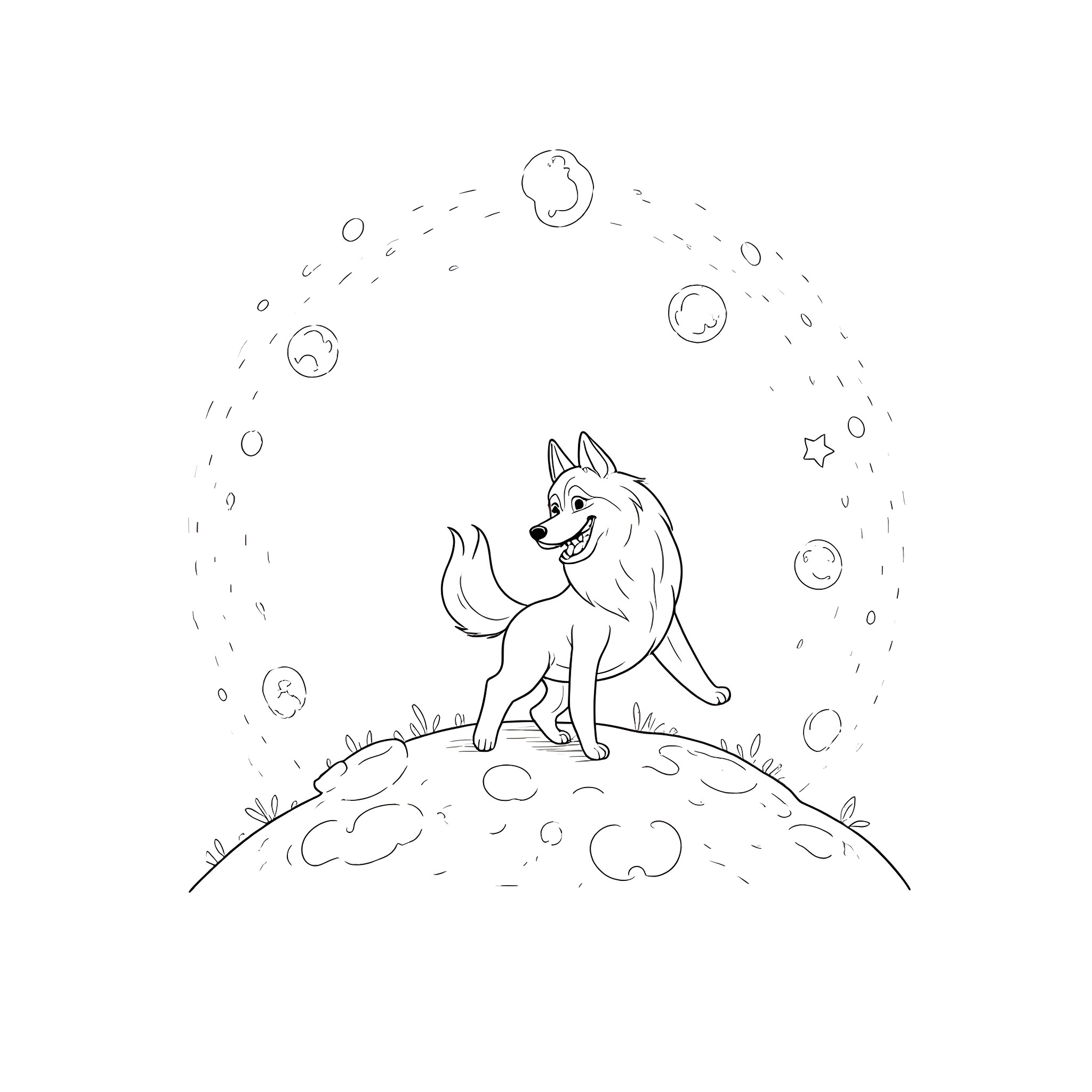 Husky playing happily in a whimsical environment Coloring Page (free black-and-white line drawing printable PDF for all, from beginners to advanced learners, including children, teens, adults, and seniors)