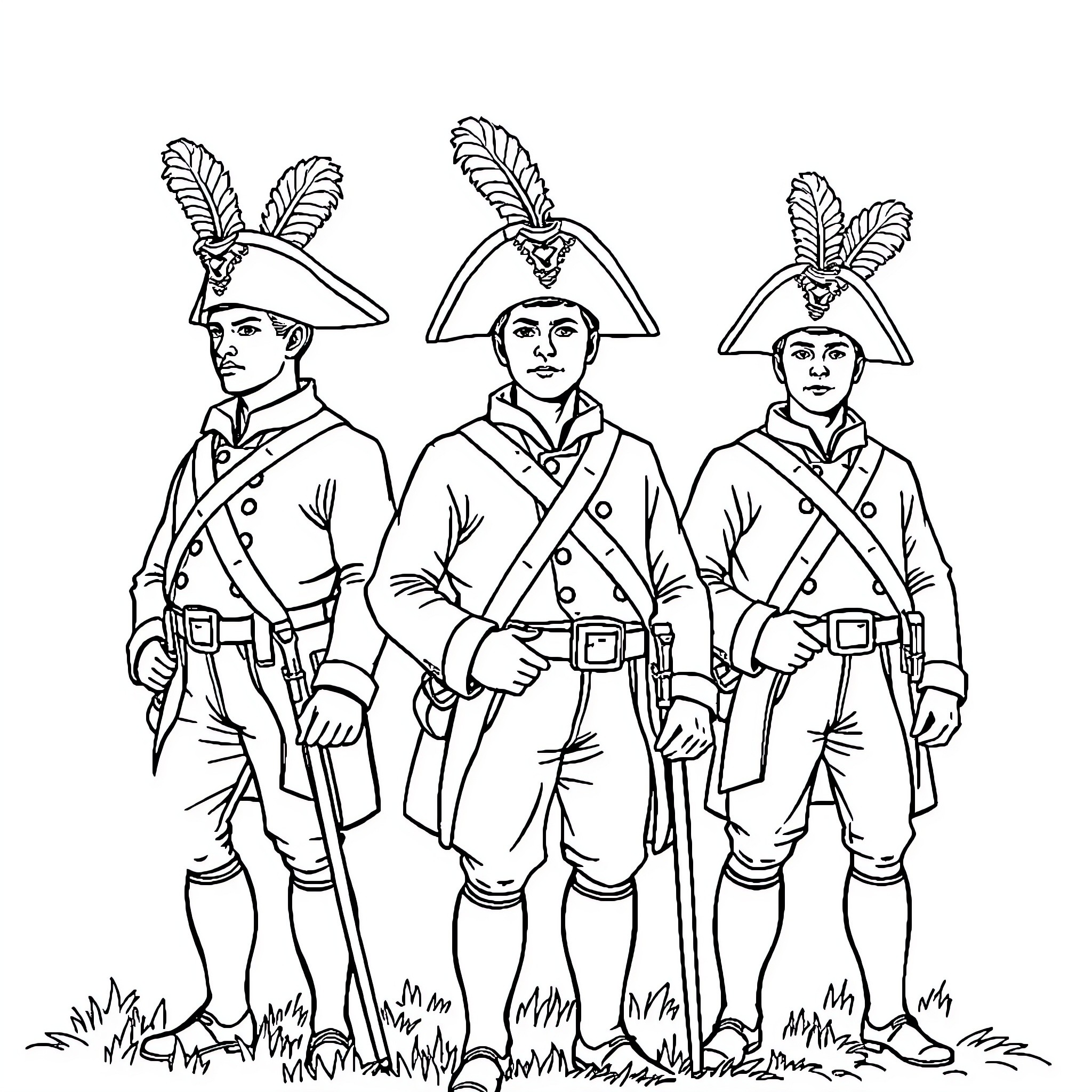 Soldiers in historical military uniforms Coloring Page (free black-and-white line drawing printable PDF for all, from beginners to advanced learners, including children, teens, adults, and seniors)