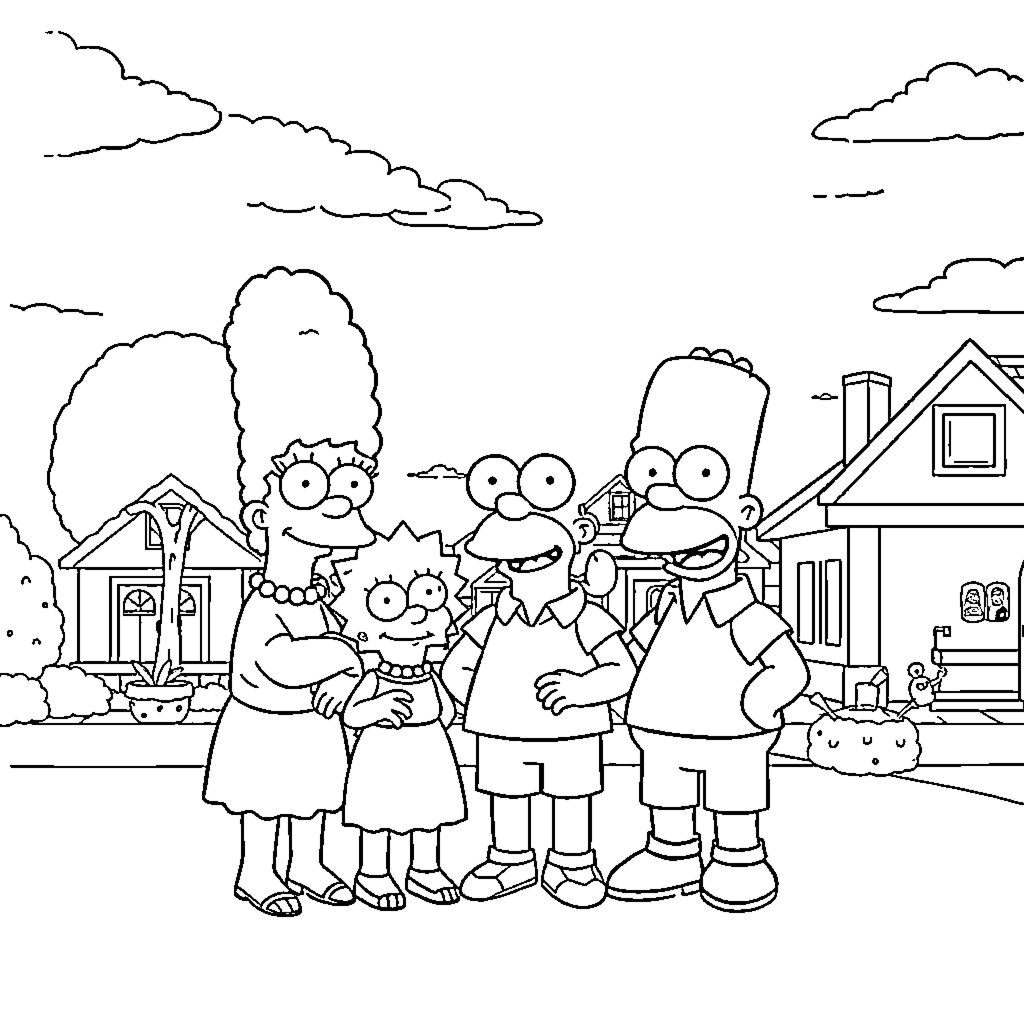 The Simpsons family enjoying a day in their neighborhood Coloring Page (free black-and-white line drawing printable PDF for all, from beginners to advanced learners, including children, teens, adults, and seniors)
