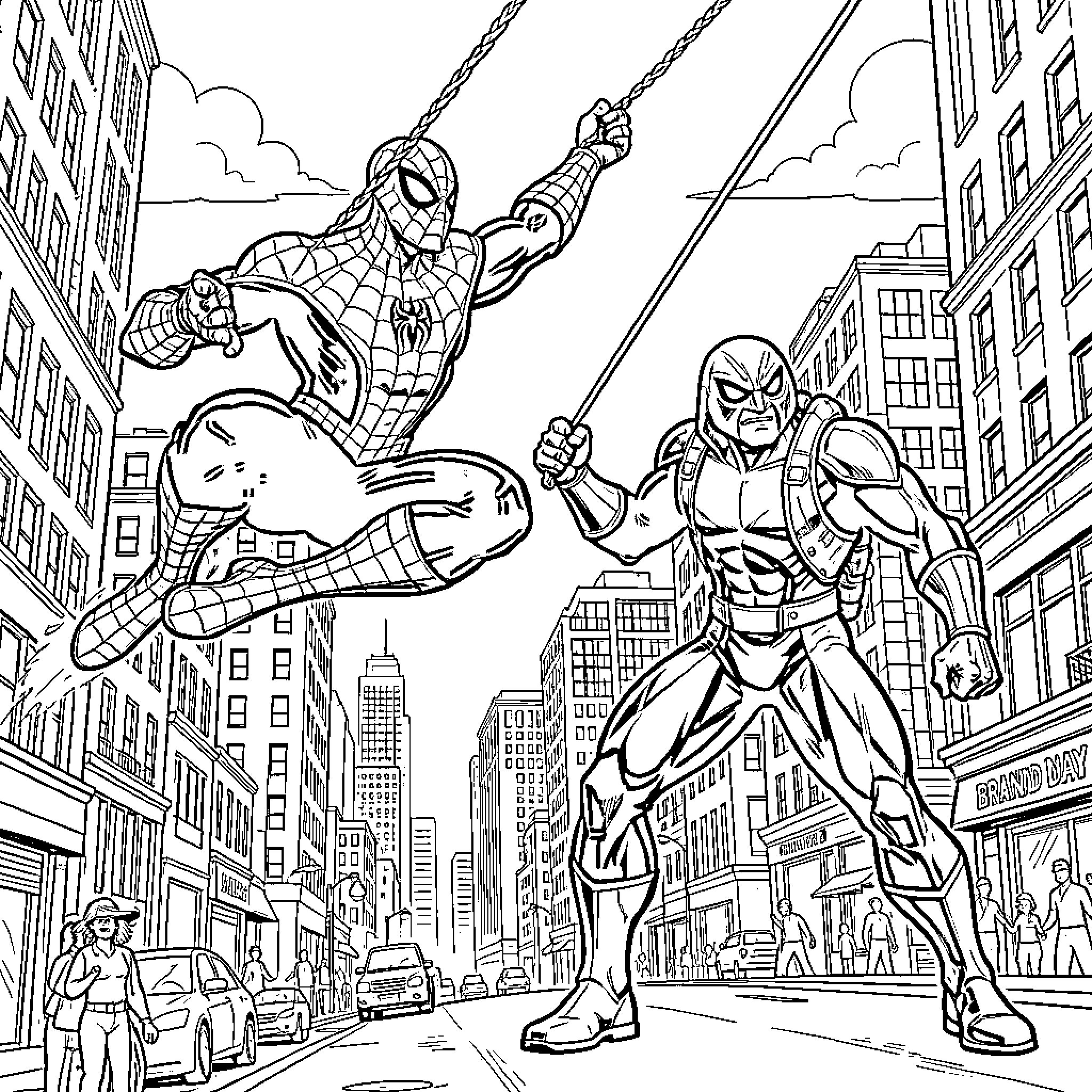 Spiderman swinging through city streets facing a villain Coloring Page (free black-and-white line drawing printable PDF for all, from beginners to advanced learners, including children, teens, adults, and seniors)