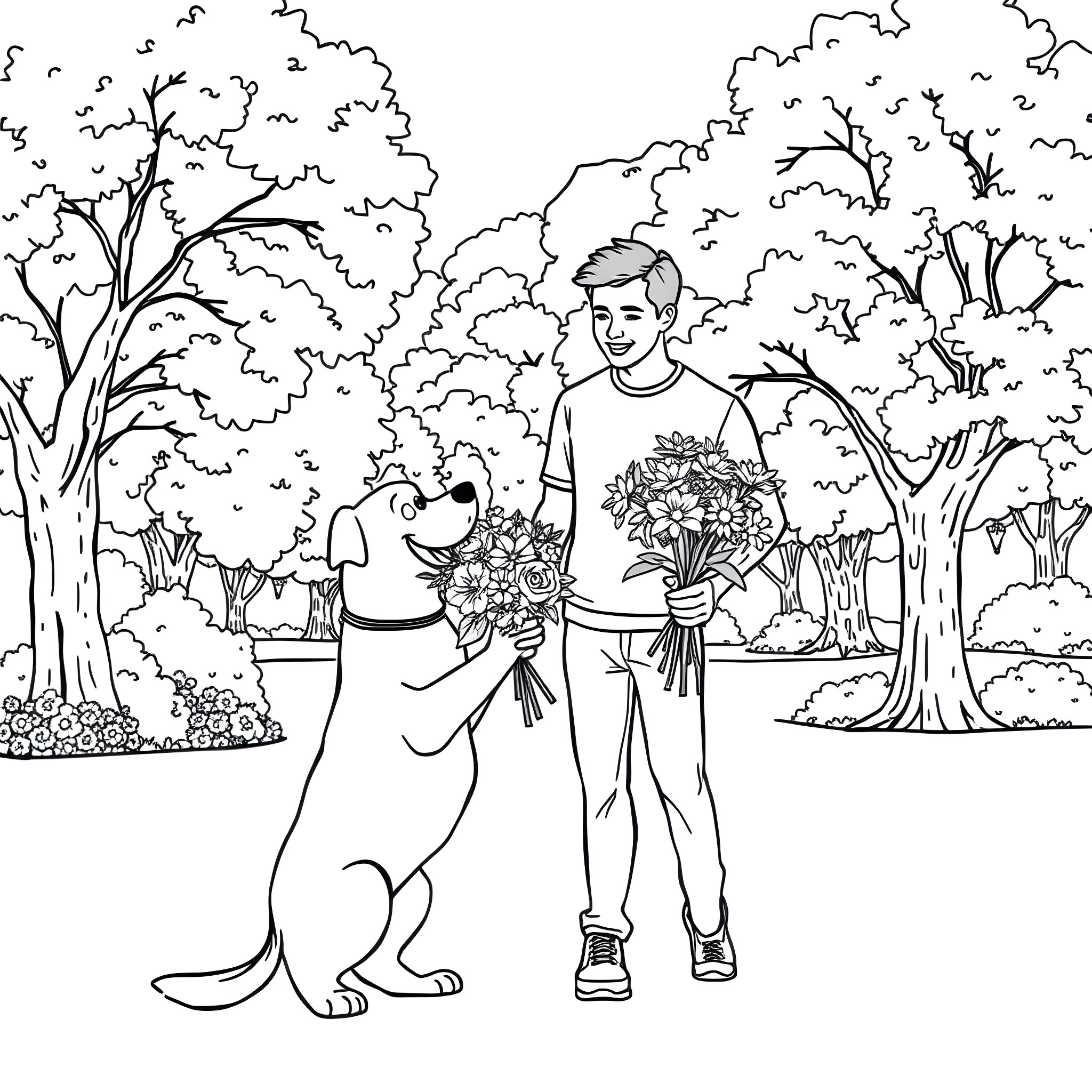 Dog and Boy Enjoying Flowers in Park Coloring Page (free black-and-white line drawing printable PDF for all, from beginners to advanced learners, including children, teens, adults, and seniors)