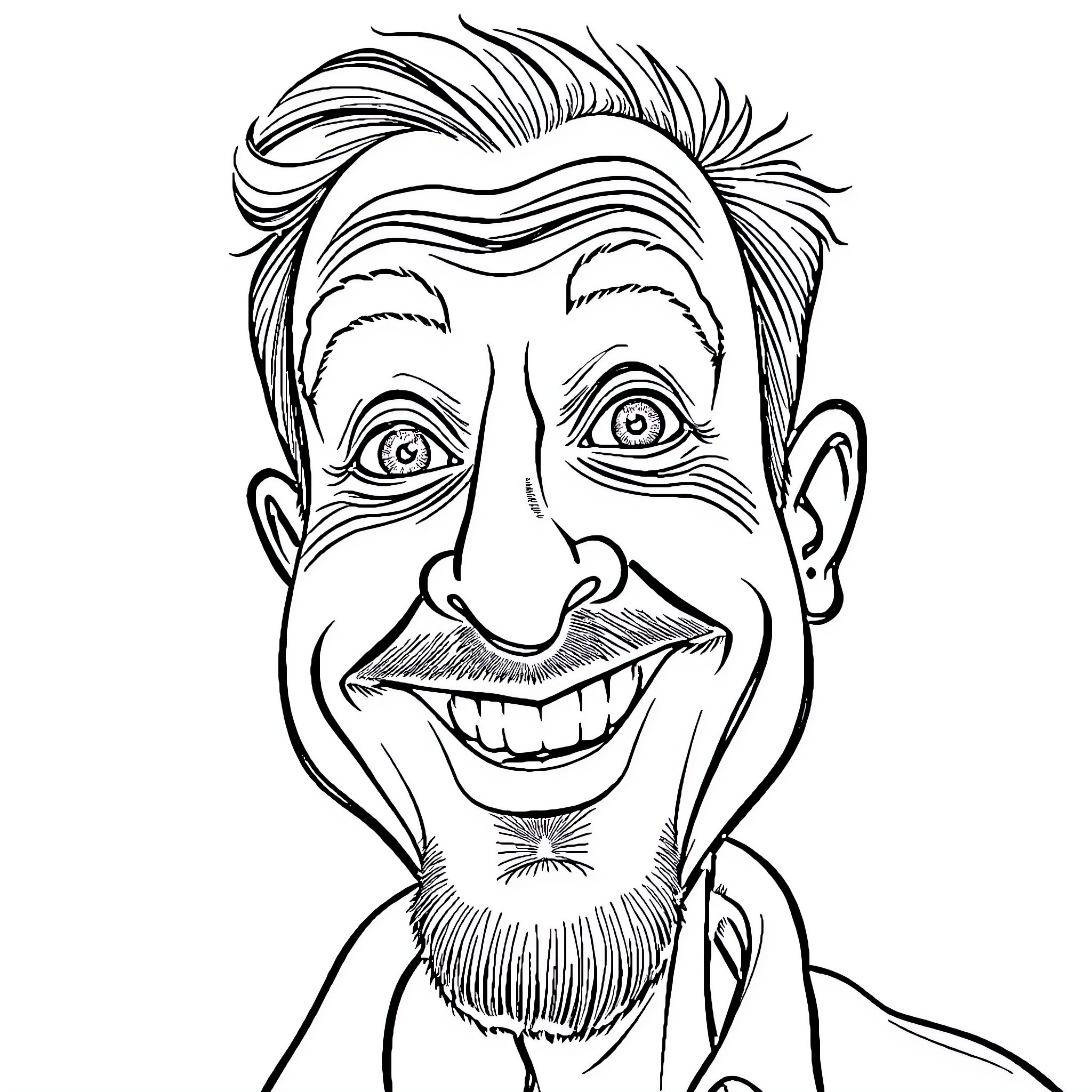 Caricature of a smiling man with expressive features Coloring Page (free black-and-white line drawing printable PDF for all, from beginners to advanced learners, including children, teens, adults, and seniors)