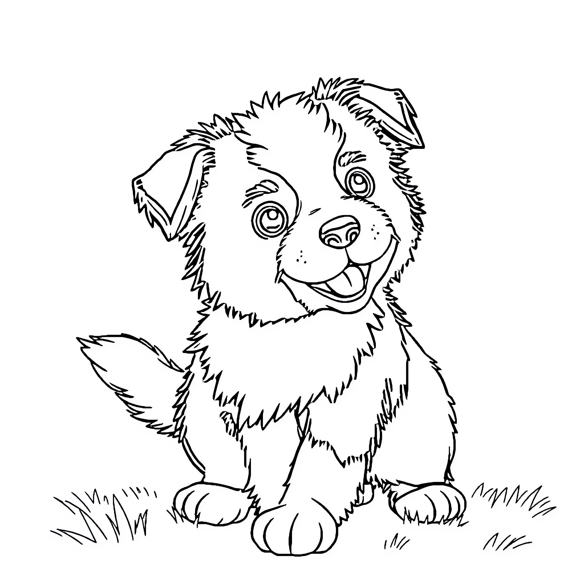 Border Collie Puppy Sitting Happily in Grass Coloring Page (free black-and-white line drawing printable PDF for all, from beginners to advanced learners, including children, teens, adults, and seniors)