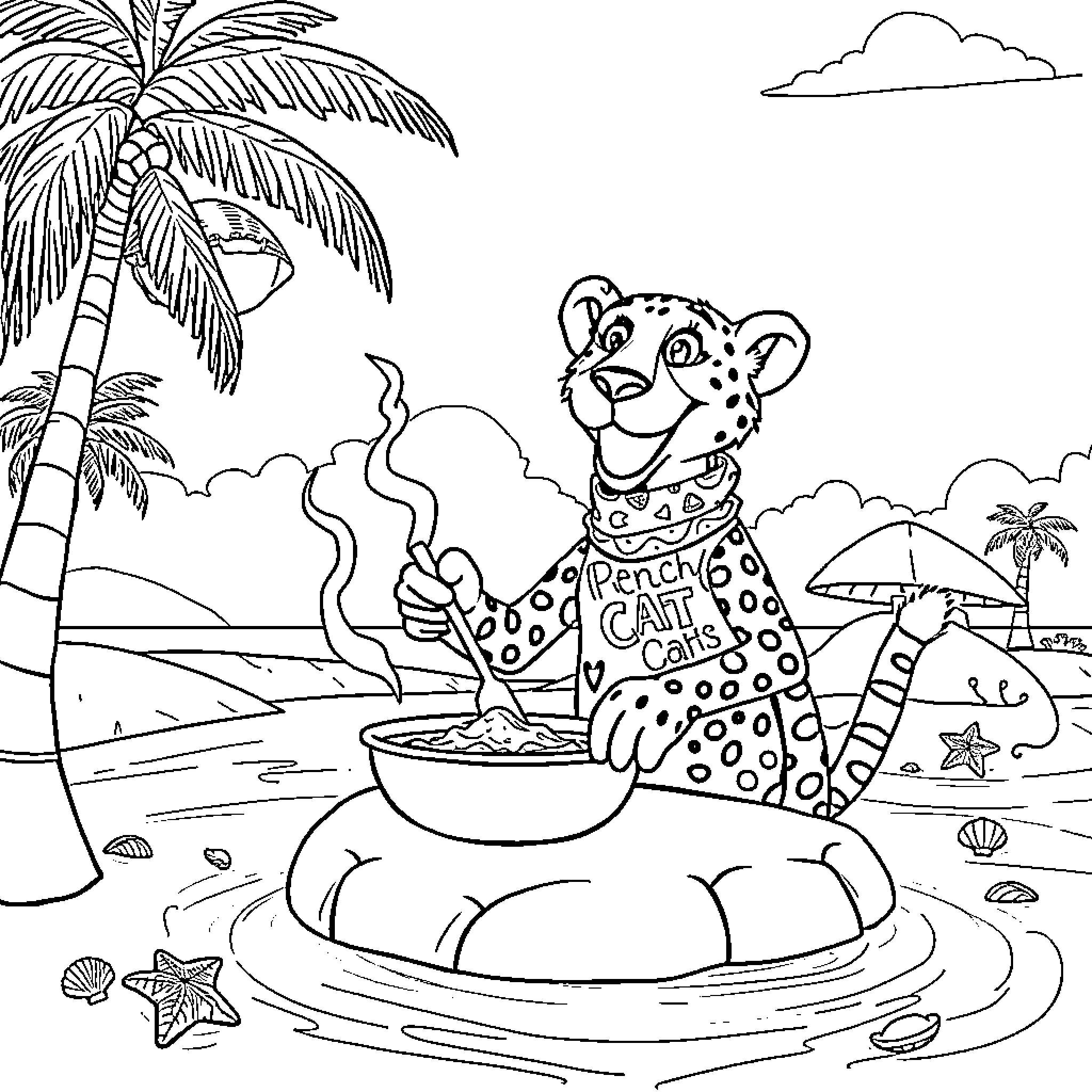 Cheetah enjoying a beach day Coloring Page (free black-and-white line drawing printable PDF for all, from beginners to advanced learners, including children, teens, adults, and seniors)