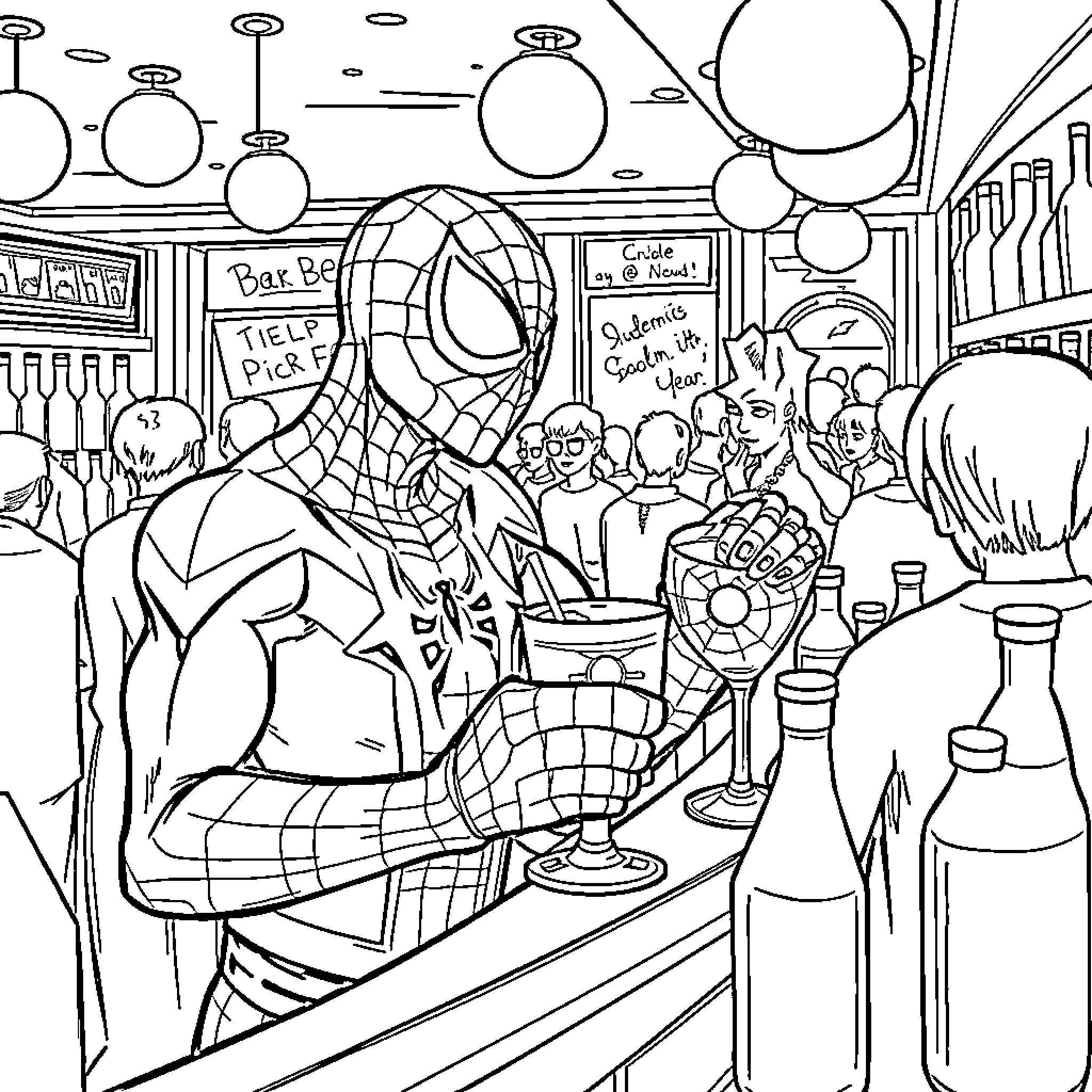 Barman Spiderman Serving Drinks at a Busy Bar Coloring Page (free black-and-white line drawing printable PDF for all, from beginners to advanced learners, including children, teens, adults, and seniors)