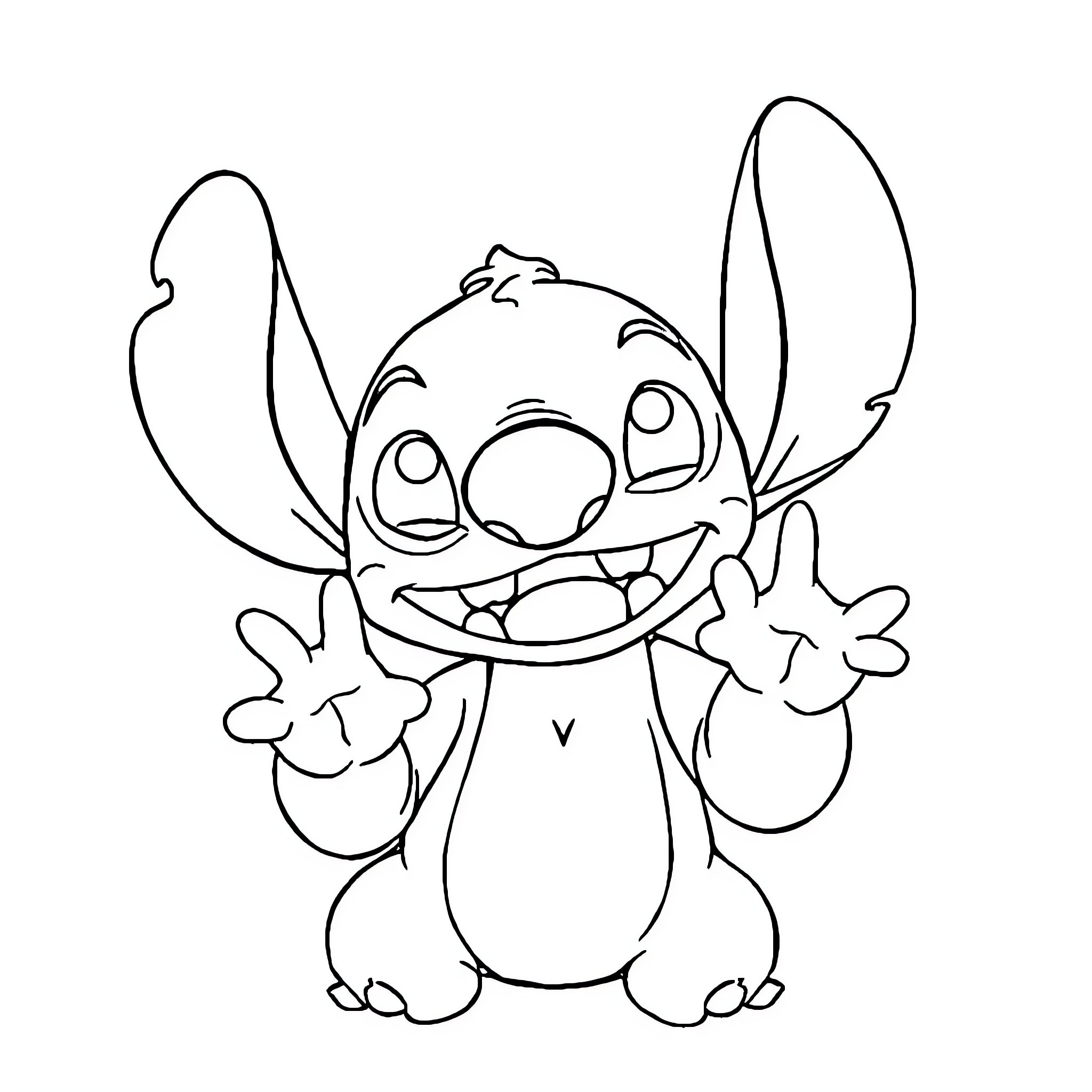 Stitch making a silly face with peace signs Coloring Page (free black-and-white line drawing printable PDF for all, from beginners to advanced learners, including children, teens, adults, and seniors)