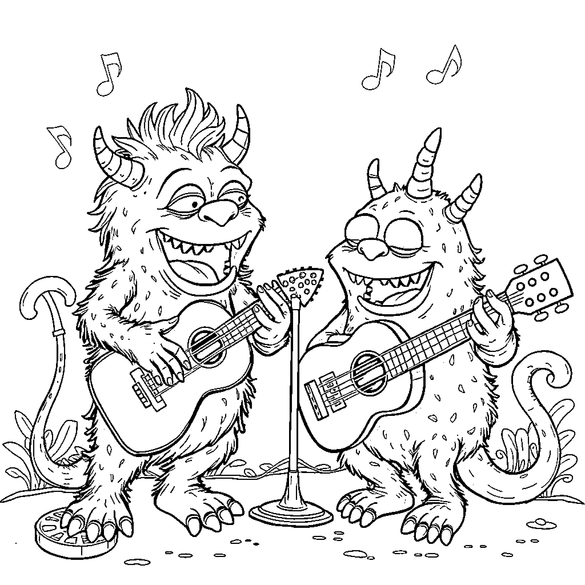 Monster musicians performing on stage with guitars Coloring Page (free black-and-white line drawing printable PDF for all, from beginners to advanced learners, including children, teens, adults, and seniors)