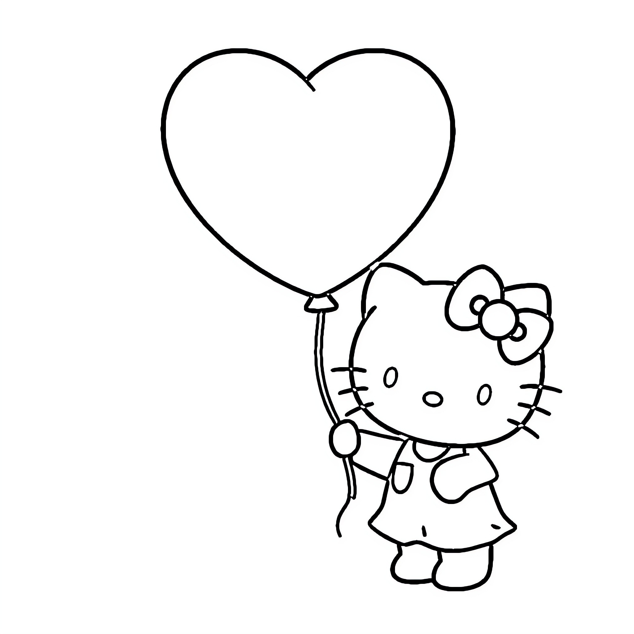Hello Kitty holding a heart-shaped balloon Coloring Page (free black-and-white line drawing printable PDF for all, from beginners to advanced learners, including children, teens, adults, and seniors)