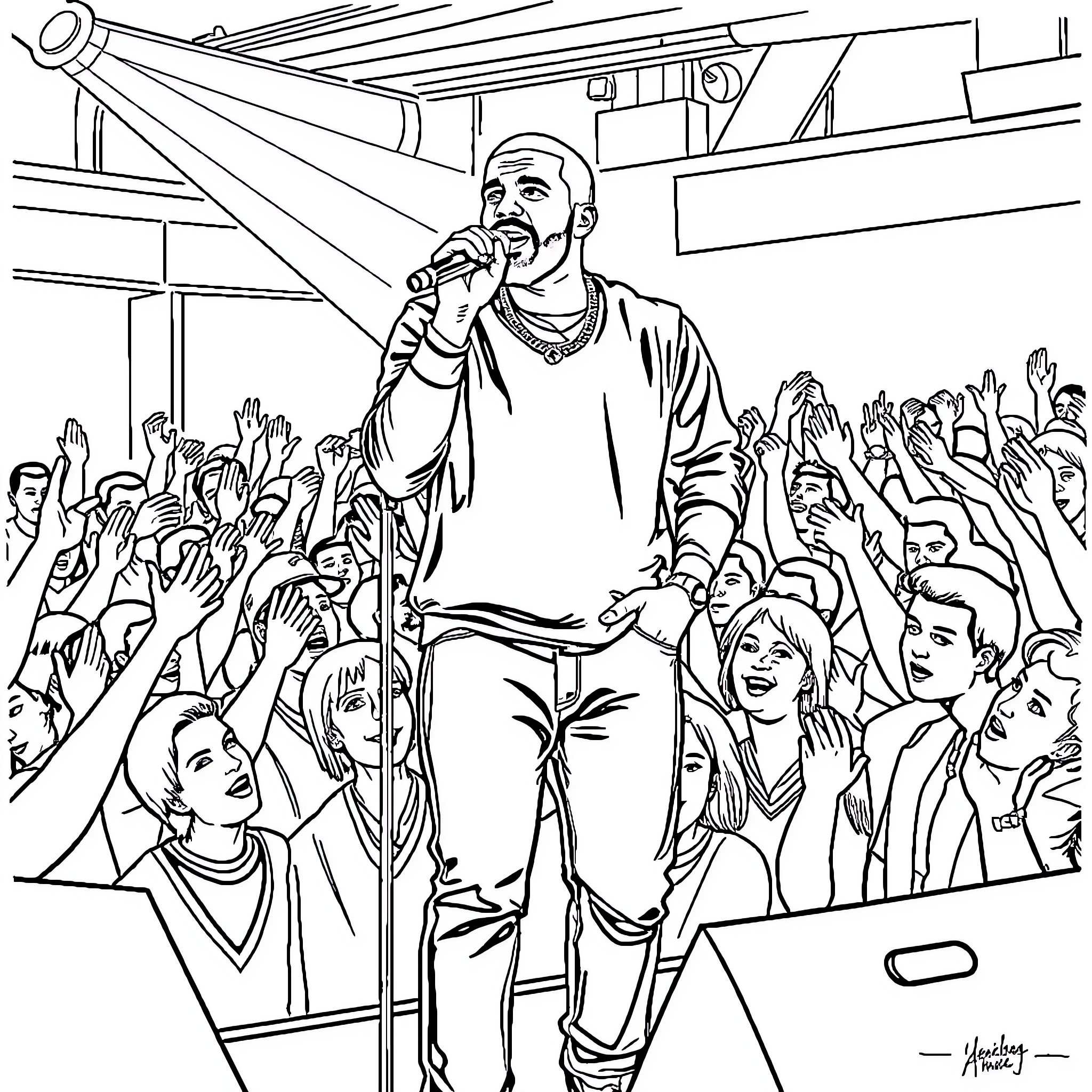 Drake performing on stage with energetic crowd Coloring Page (free black-and-white line drawing printable PDF for all, from beginners to advanced learners, including children, teens, adults, and seniors)