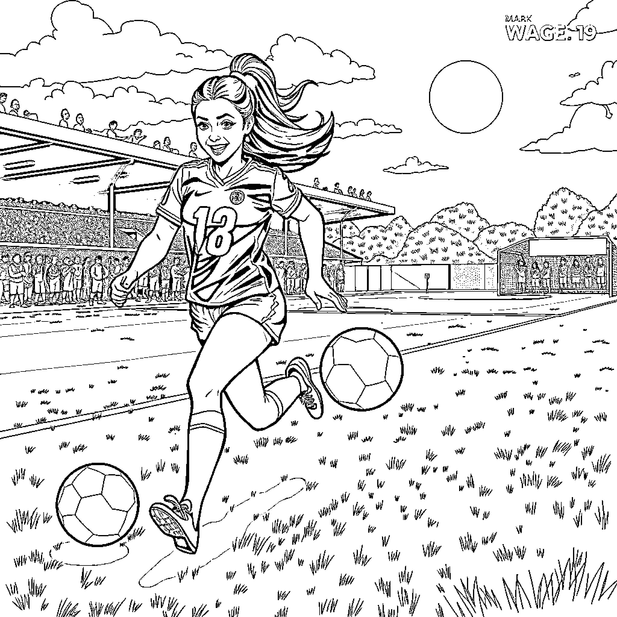 Abella Danger playing soccer in a field Coloring Page (free black-and-white line drawing printable PDF for all, from beginners to advanced learners, including children, teens, adults, and seniors)
