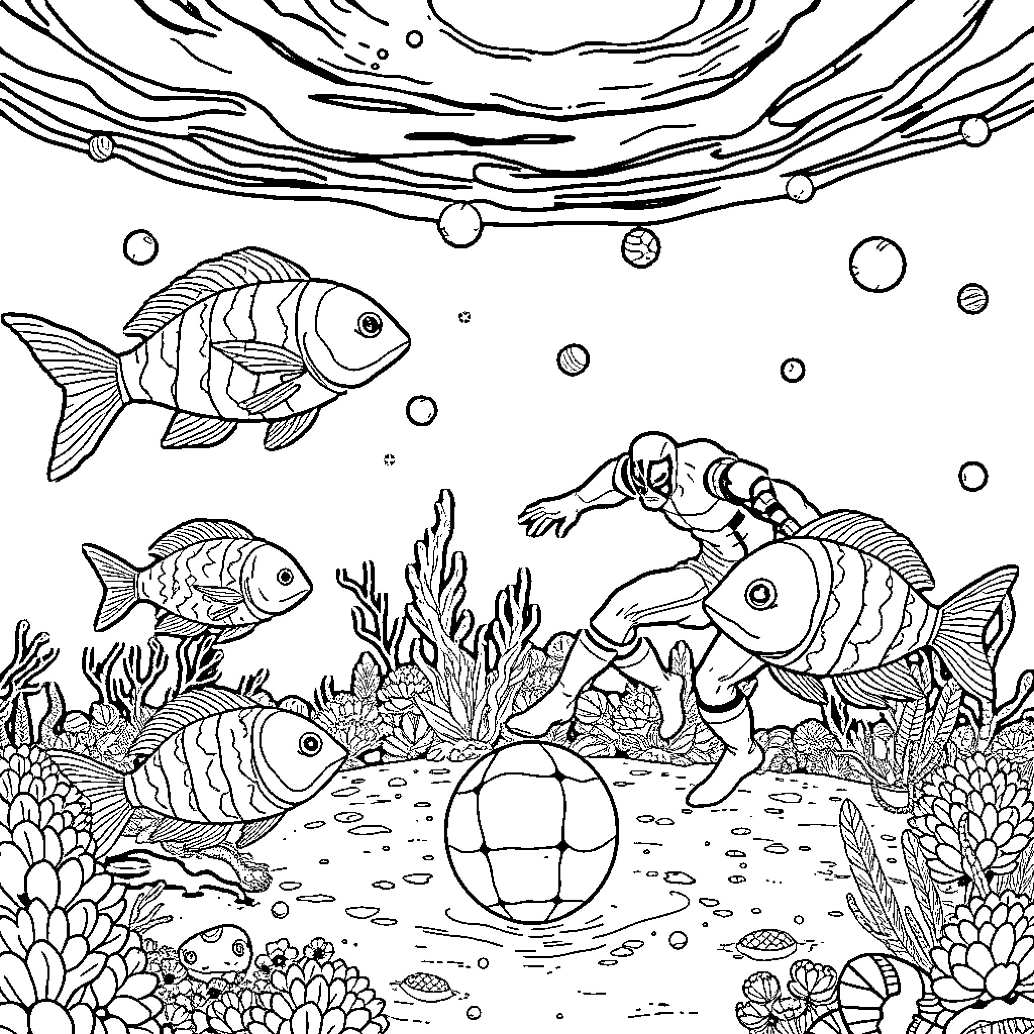 Fish exploring an underwater marine world Coloring Page (free black-and-white line drawing printable PDF for all, from beginners to advanced learners, including children, teens, adults, and seniors)